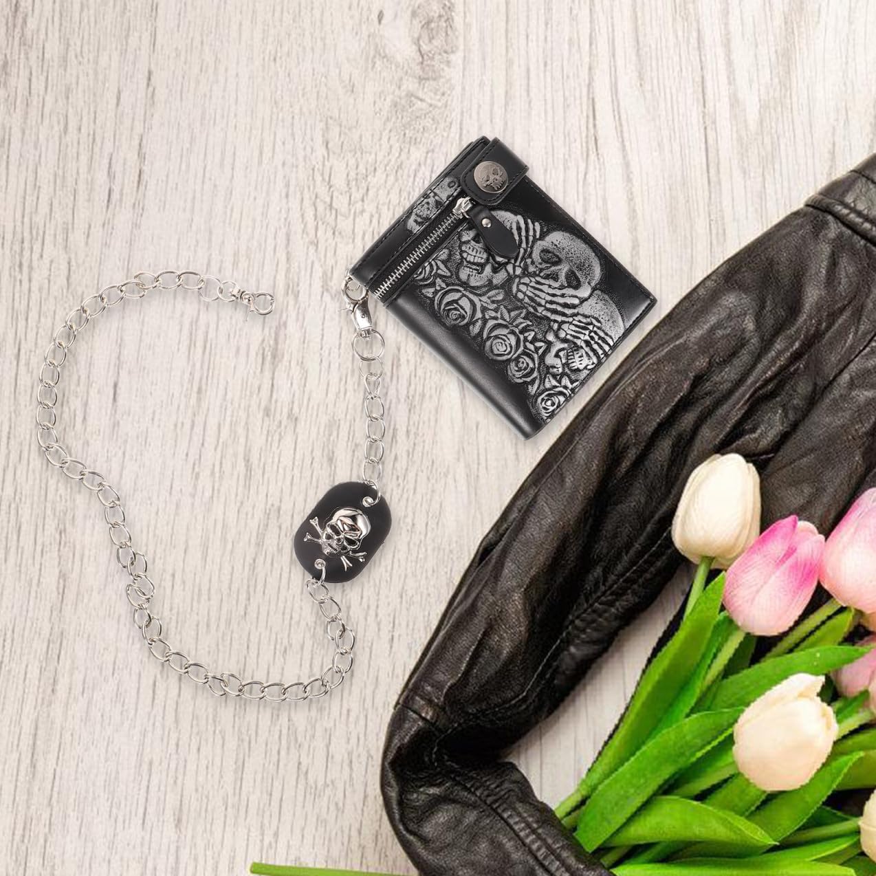Didiseaon Billetera Con Cadena Monedero Punk Bolsa Crossbody Con Motivo De Calavera Billetera Punk Billetera De Halloween Monedero Fantasma Cuero Esqueleto Hombres y Mujeres Cartera