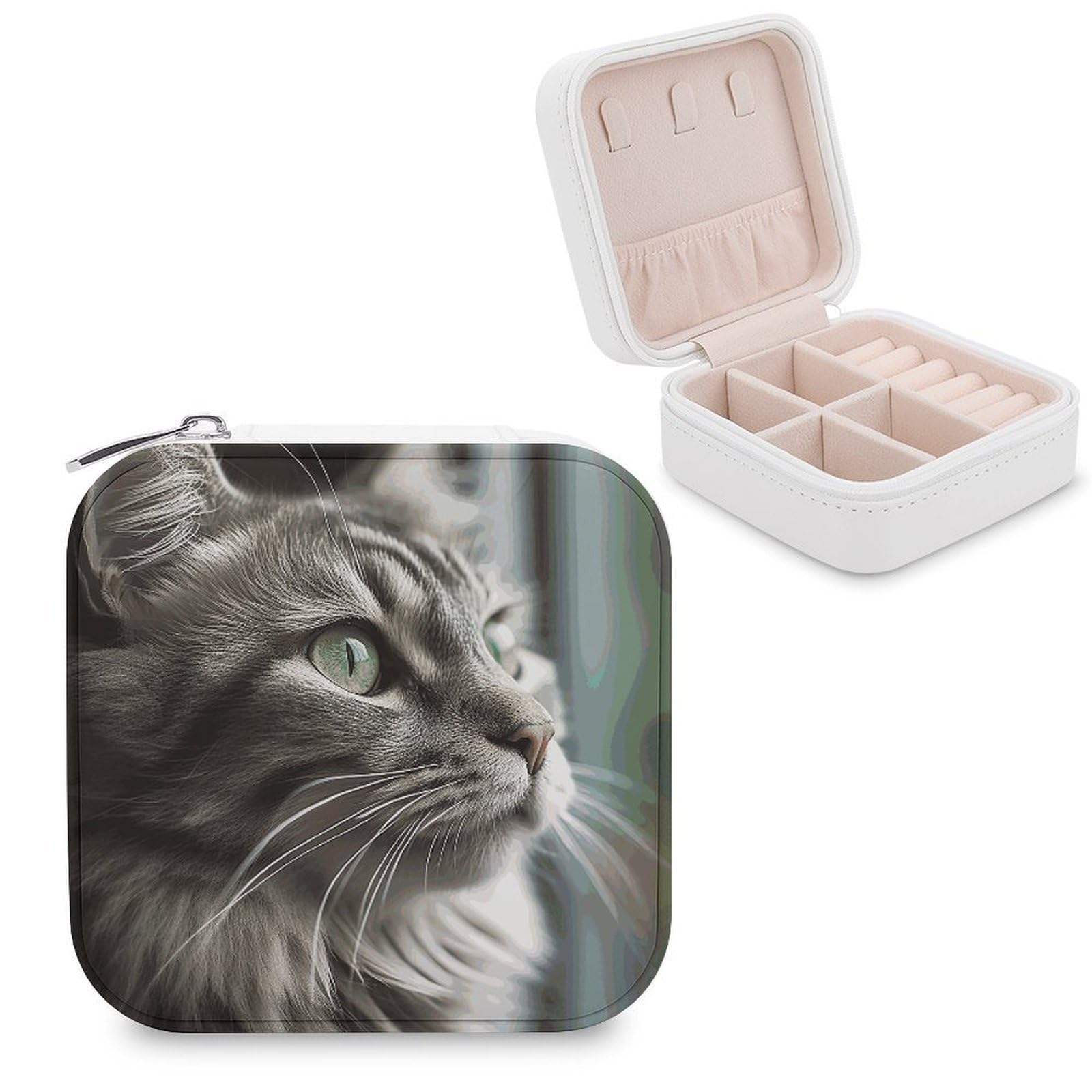 MUSM Gray Cat with Green Eyes Travel Jewelry Case Personalized PU Leather Jewelry Boxes for Women Small Portable Jewelry Organizer Box Cute Trinket Box for Necklaces Rings Earrings & Gifts