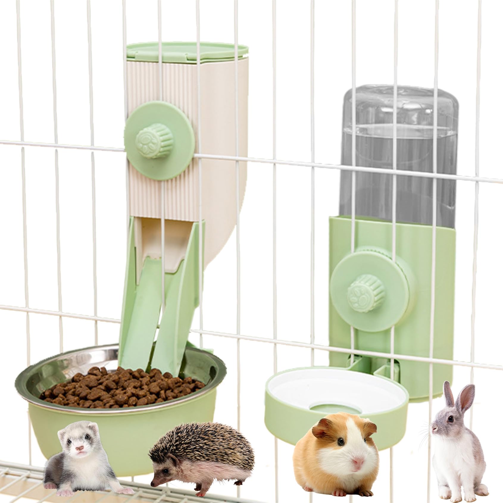 Hanging Rabbit Automatic Food Feeder with 30oz Bowl and 500ml Water Dispenser Bunny Gravity Feeding Station Waterer Set Hanging Self-Dispensing Feeder