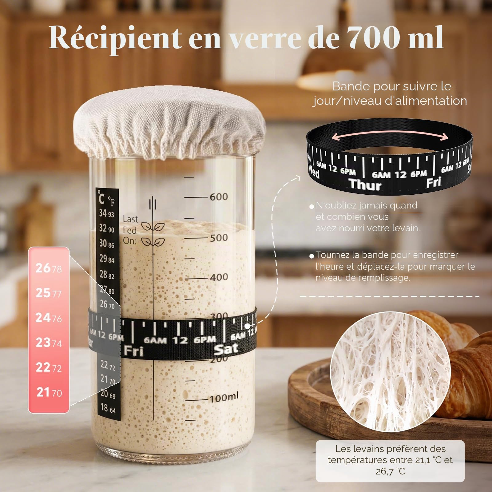 2 Banneton pour pain pliables en silicone, Kit de démarrage pour levain 12 pièces (29 cm ovale & 28 cm rond), bocal 730 ml, ensemble complet de cuisson, Débutants & boulangers expérimentés