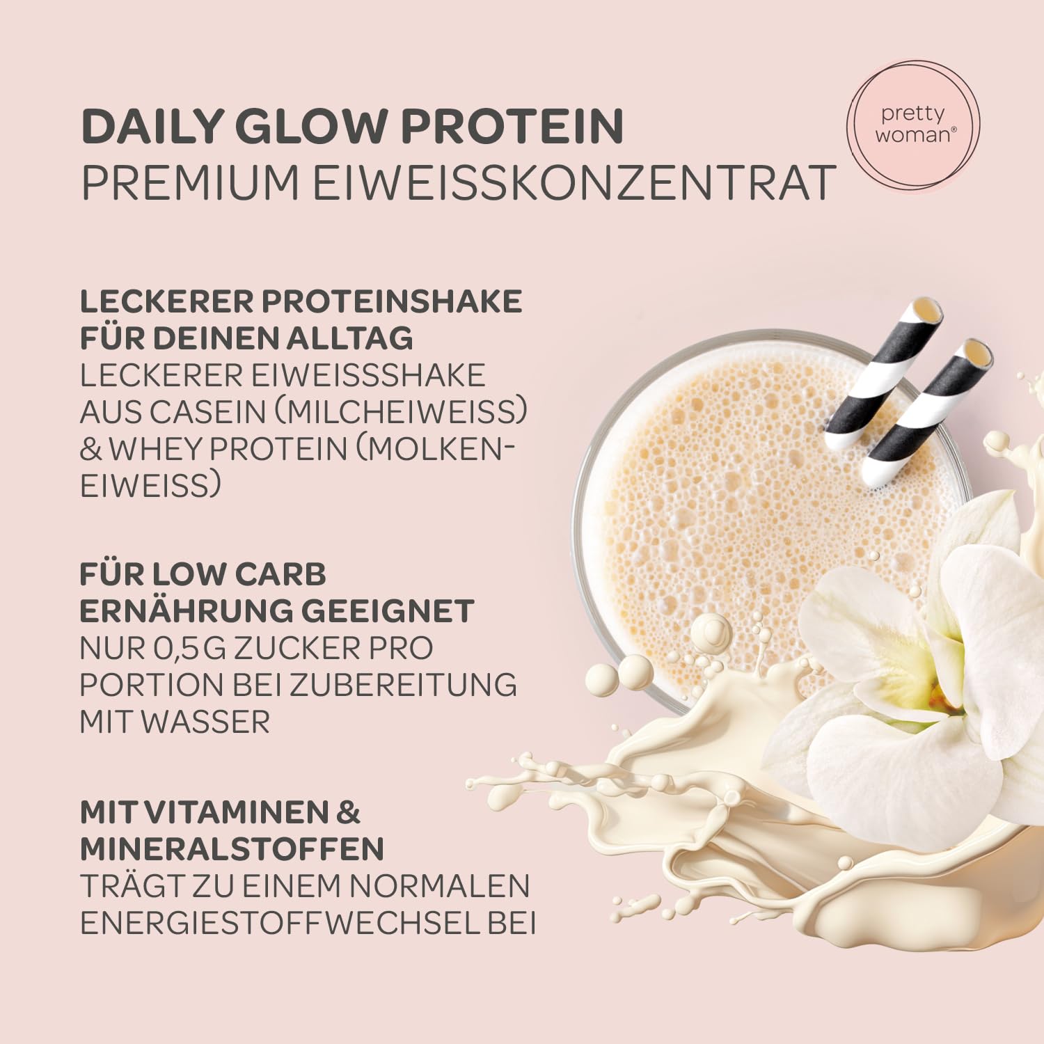 pretty woman® Daily Glow Eiweiss Protein Pulver für Frauen „Creamy Vanilla“ 420 g - Low Carb Shake mit Vitaminen & Mineralien, Biotin & Folsäure - nur 0,5g Zucker pro Portion
