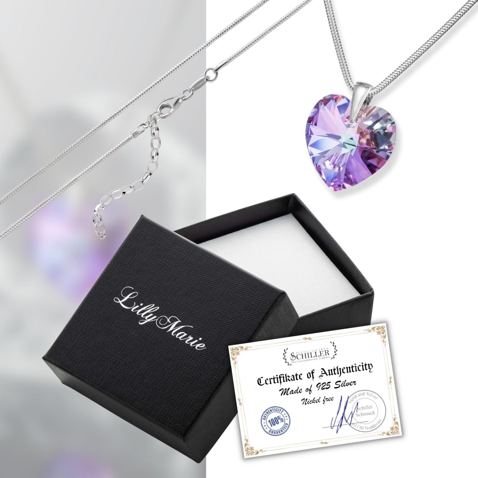 LillyMarie Collar De Mujer En Plata De Ley Con Colgante De Corazón Multicolor Violeta Y Longitud Ajustable