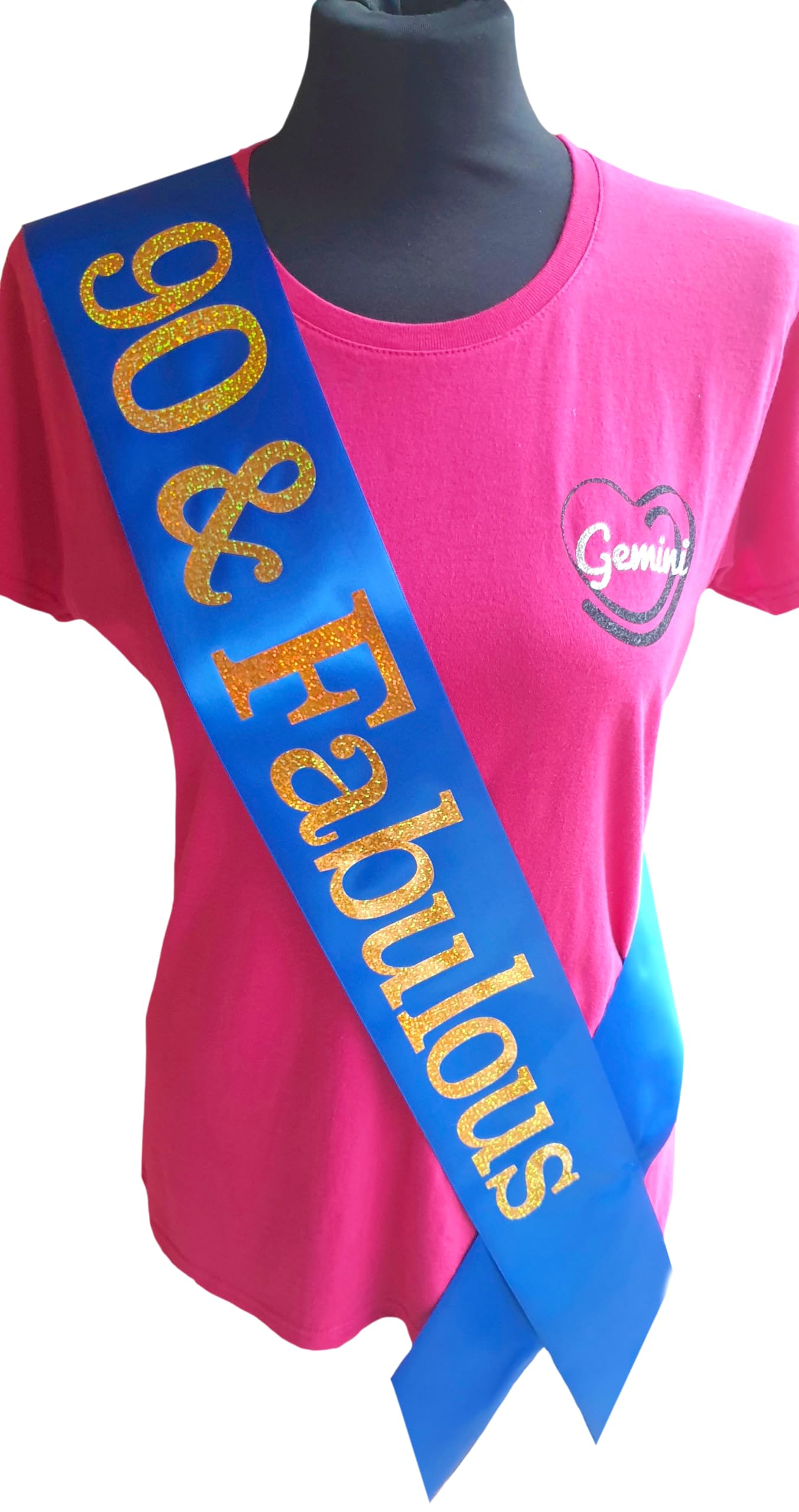 90th Birthday Sash - Beautiful Quality Blue Ribbon and Holographic Gold Font - 90 & Fabulous Sash