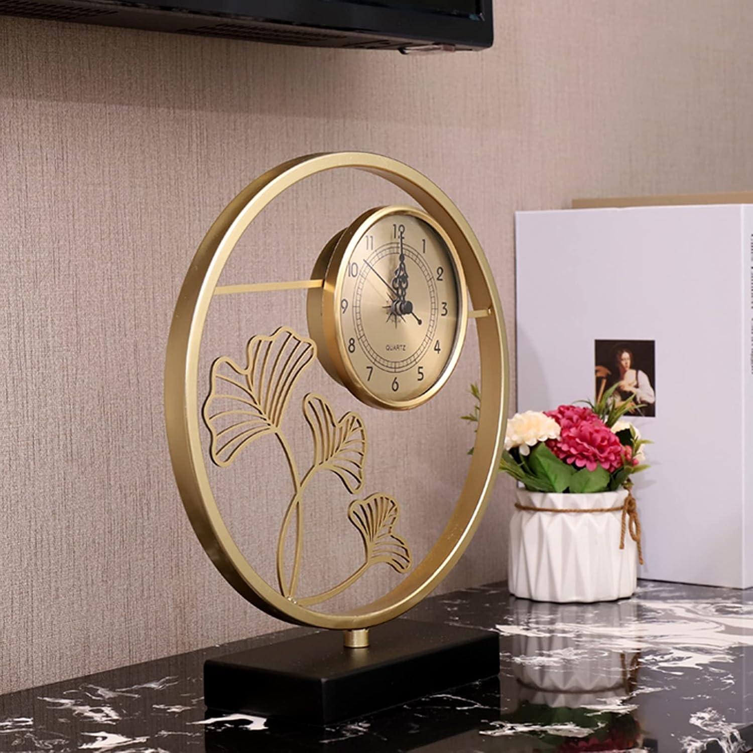 Table Clock Table Clock Tabletop Clock Chinese Style Clock Home Desktop Clock Living Room Office Copper Four Styles 9 Inch Clock (Color : E) (E)