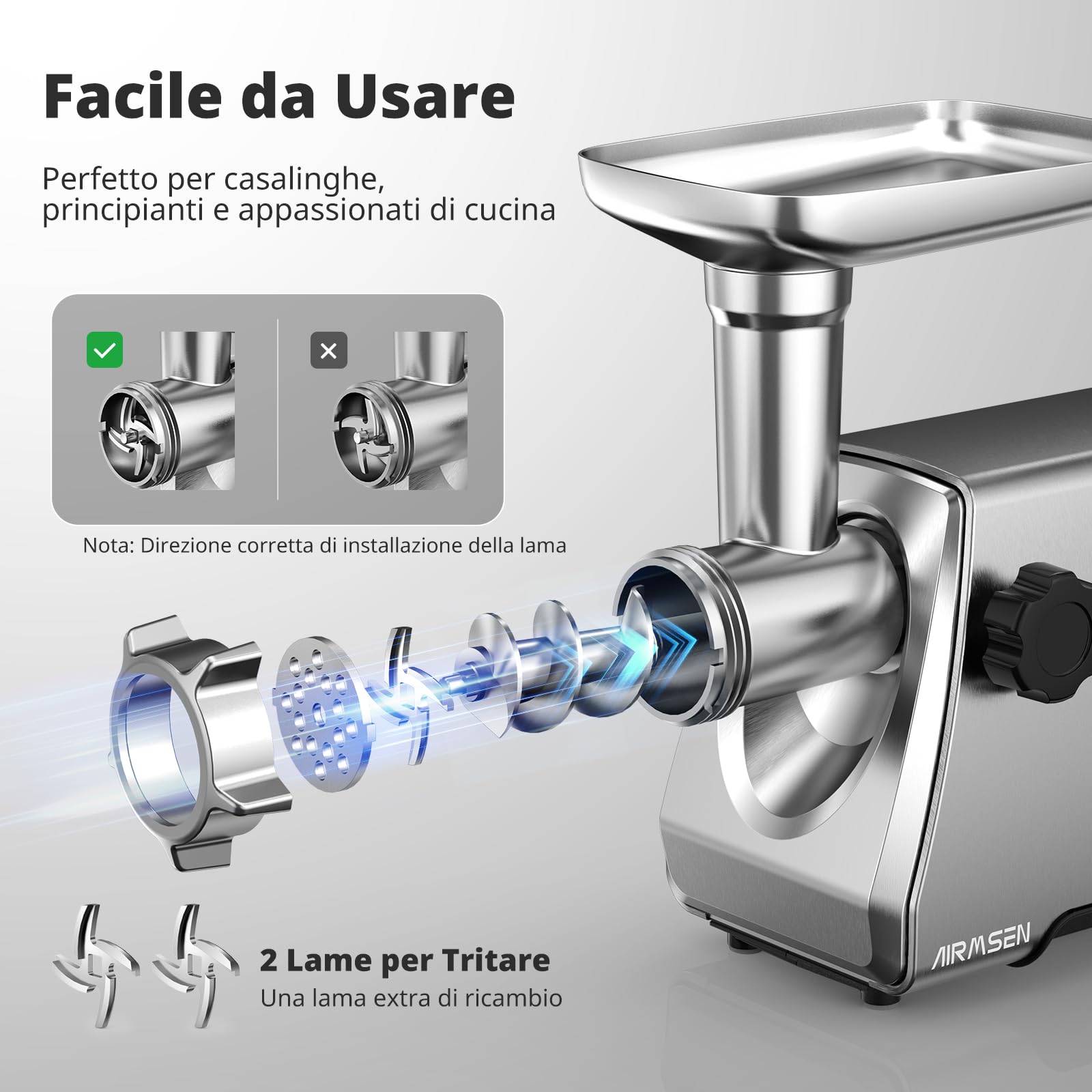 AIRMSEN Tritacarne Elettrico Professionale 2 Lame Acciaio Inox 3 Griglie & Accessori Salsicce Kubbe Motore Silenzioso Pulizia Facile Ideale per Casa (Piccolo) (M)