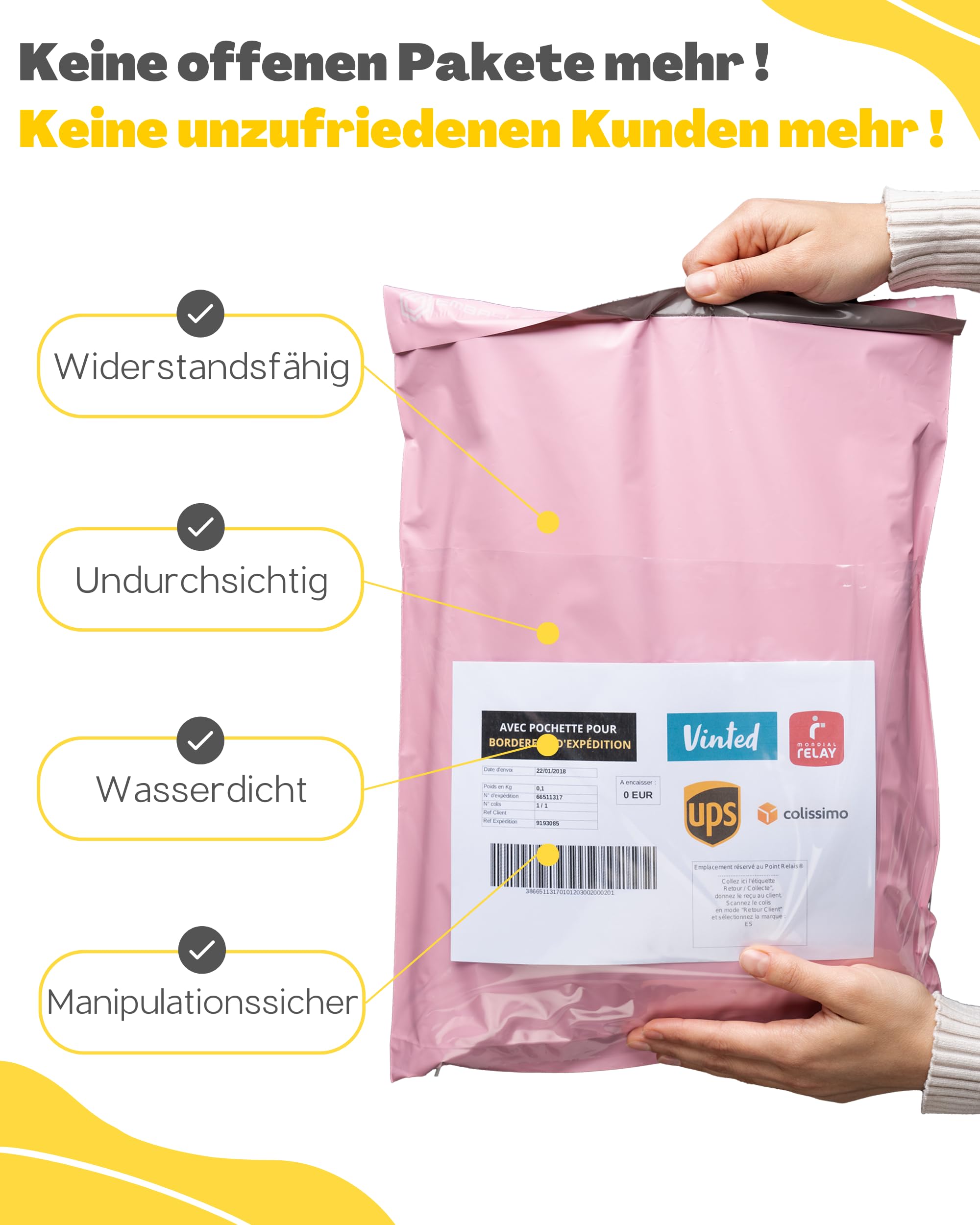 EMBALLAX - 60 Versandtaschen MIT TASCHE FÜR VERSANDETIKETT - 3 Größen M/L/XL - WIDERSTANDSFÄHIG/WASSERDICHT - Versandtüten für Kleidung - Warensendung Umschlag für Kartons - Versandbeutel - Danke