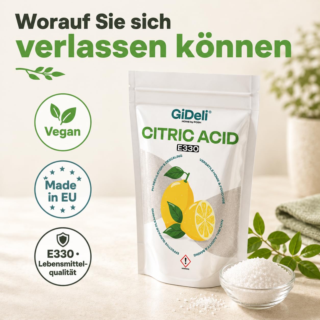 GiDeli Zitronensäure Pulver E330 in Lebensmittelqualität 4x5kg - reine Citric Acid zum Entkalken von Wasserkocher Kaffeemaschine & Waschmaschine - Vegan & Gentechnikfrei für Küche und Haushalt