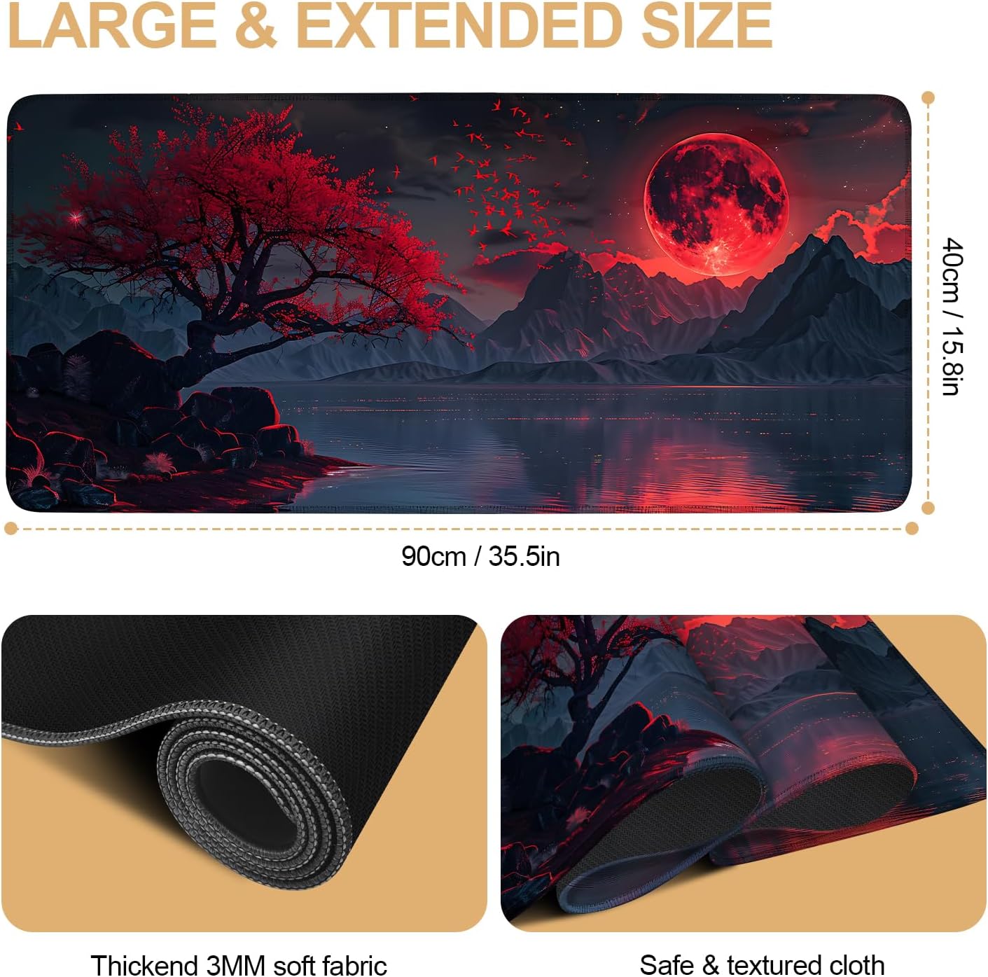 Large Mouse Pad, Red Moon Landscape Desk Mat, Extended Gaming Mouse Pad with Non-Slip Rubber Base, Thick 3mm Smooth Surface Keyboard Mat for Office & Home,35.5 x 15.8 in