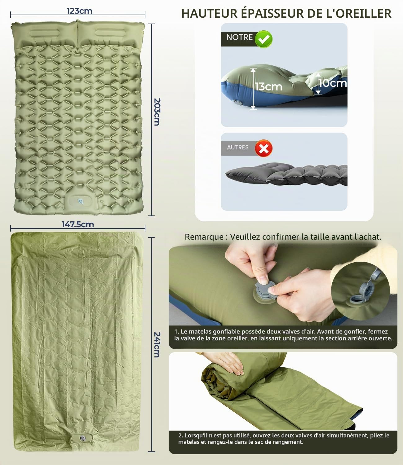 Materassino Matelas de Camping Gonflable Ultraléger, Gonflable Matelas Camping avec Oreiller, Pompe à Pied Intégrée, Camping Matériel Portable pour Plage, Voyage, Randonnée