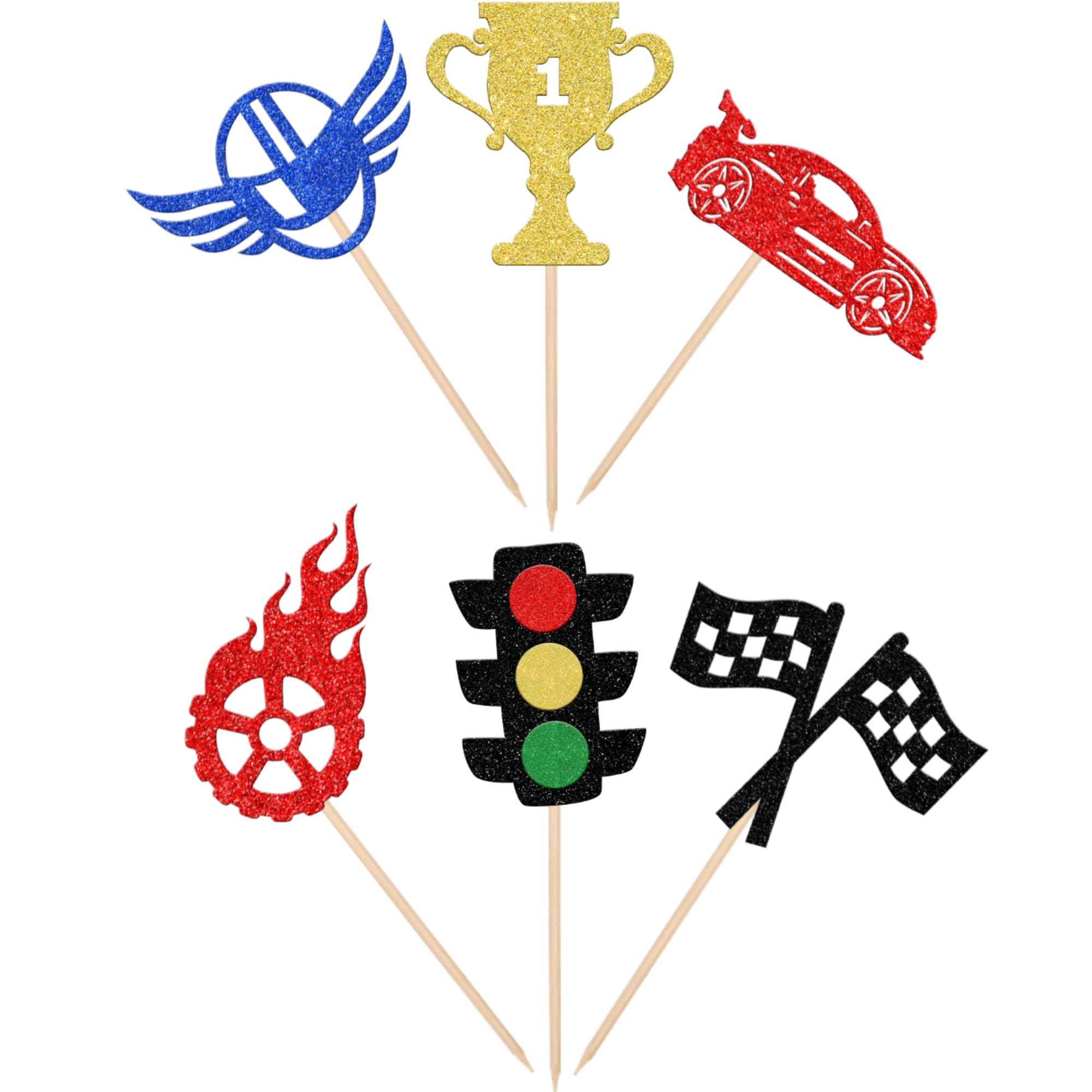 Race Car Happy Birthday Cake Topper - Glitter Checkered Flag, Traffic Light, Trophy, Wheel - View #8