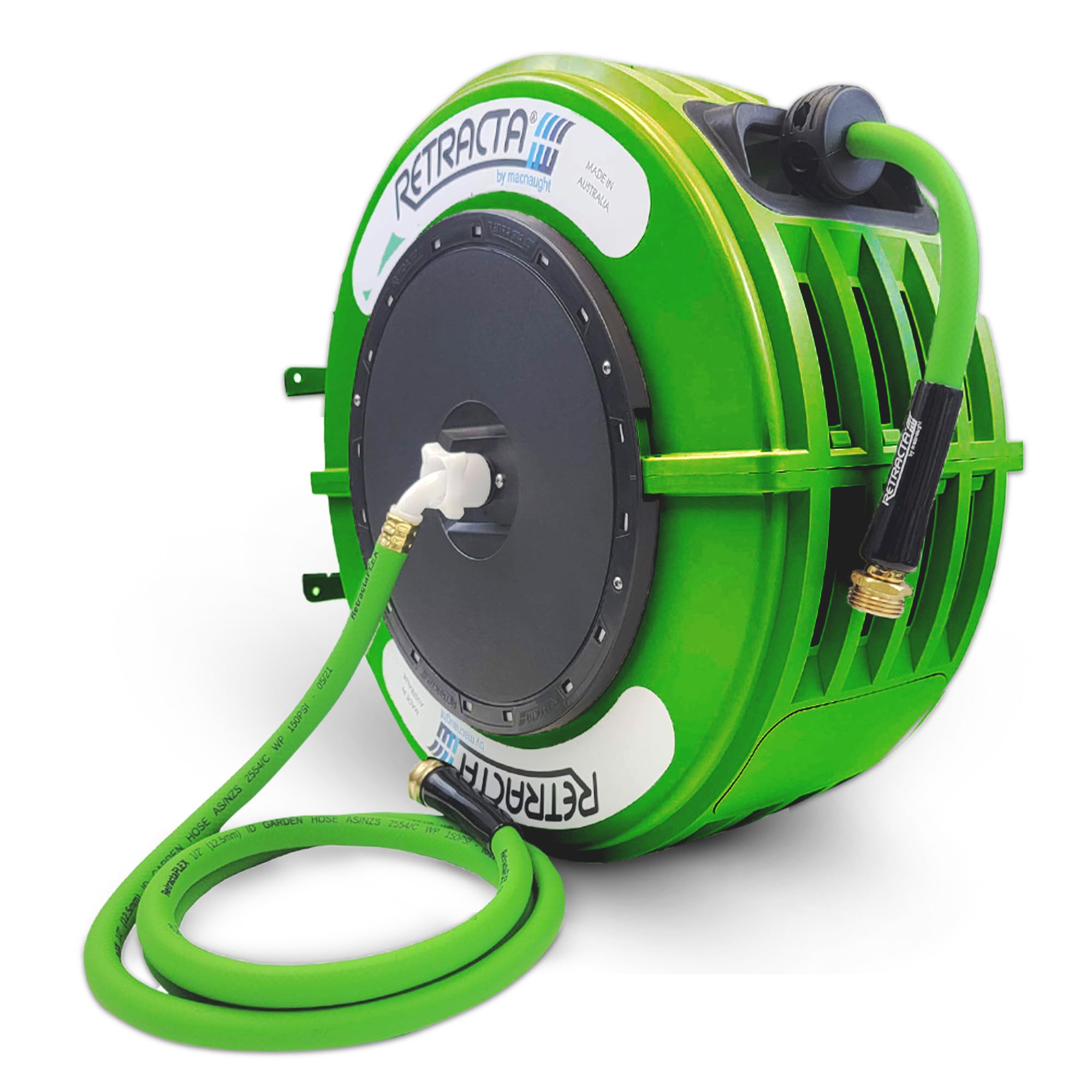 macnaught retractable garden hose reel, 82 ft water hose reel heavy duty retractable hose with metal 180° swivel rotation bracket for wall mount - green