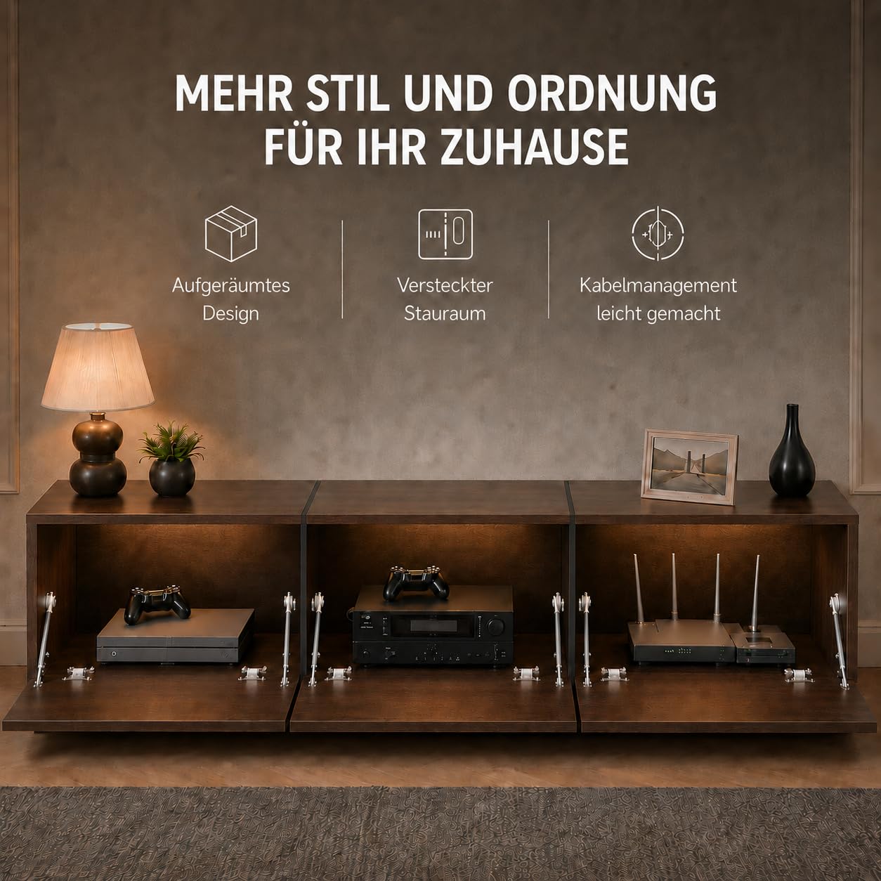 Lowboard Braun 180cm – TV-Schrank mit 3 Klappen & Metallrahmen, 38cm niedrig – Fernsehtisch als TV-Bank für Wohnzimmer & Schlafzimmer, 180×38×30cm