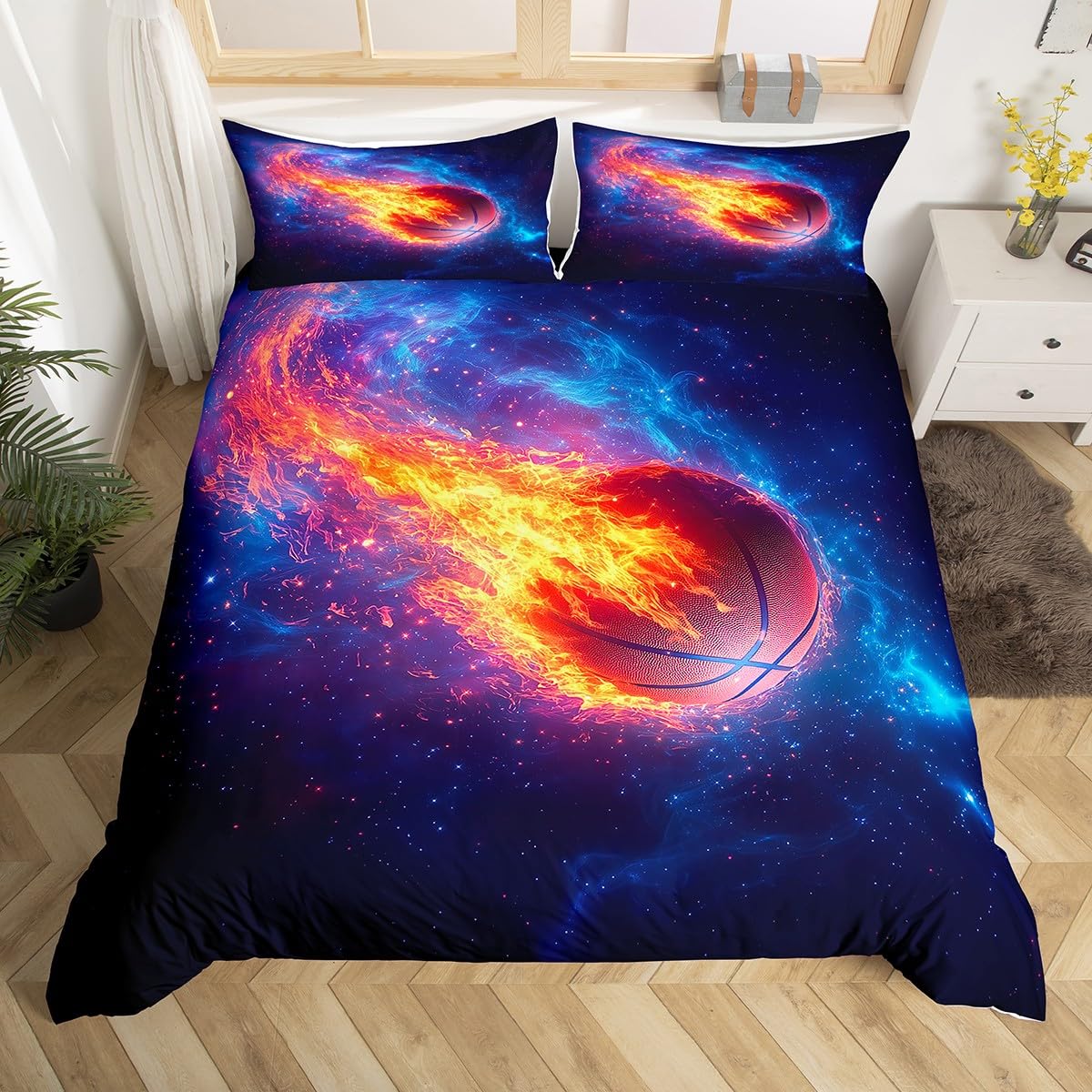 3D Basketball Duvet Cover King Size for Kids Boys Teens,Universe Flame Sport Ball 3 Pieces Duvet Cover,Glitter Galaxy Sky Soft Comforter Cover (Not Comforter),Kids Kids Basketball Sky Quilt Cover