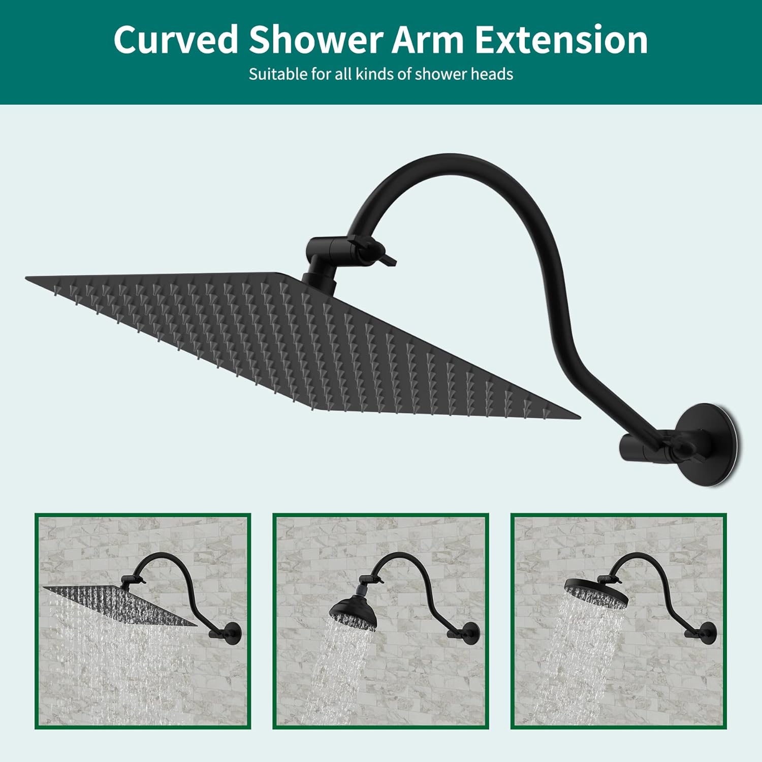 All Metal 16 Inch Solid Brass Adjustable Curved Shower Head Extens Arm