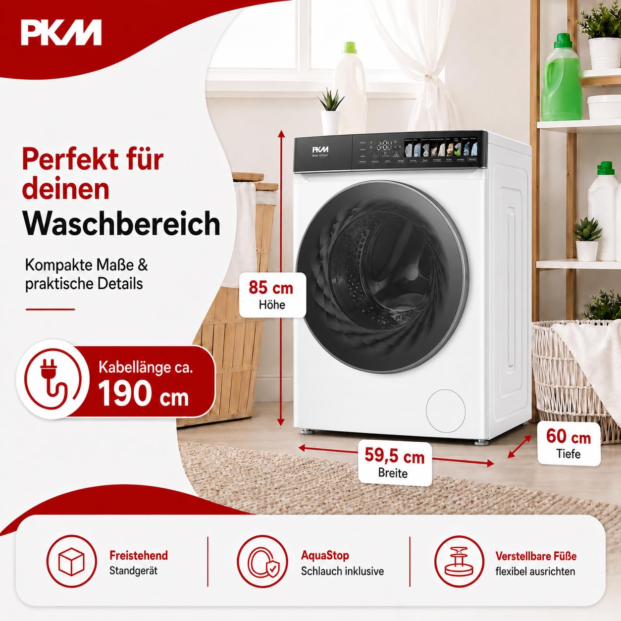 PKM Waschmaschine WA9-12TCAT - Energieeffizienzklasse A, Großes Touch-Display, Steam Funktion, AquaStop, 12 Programme