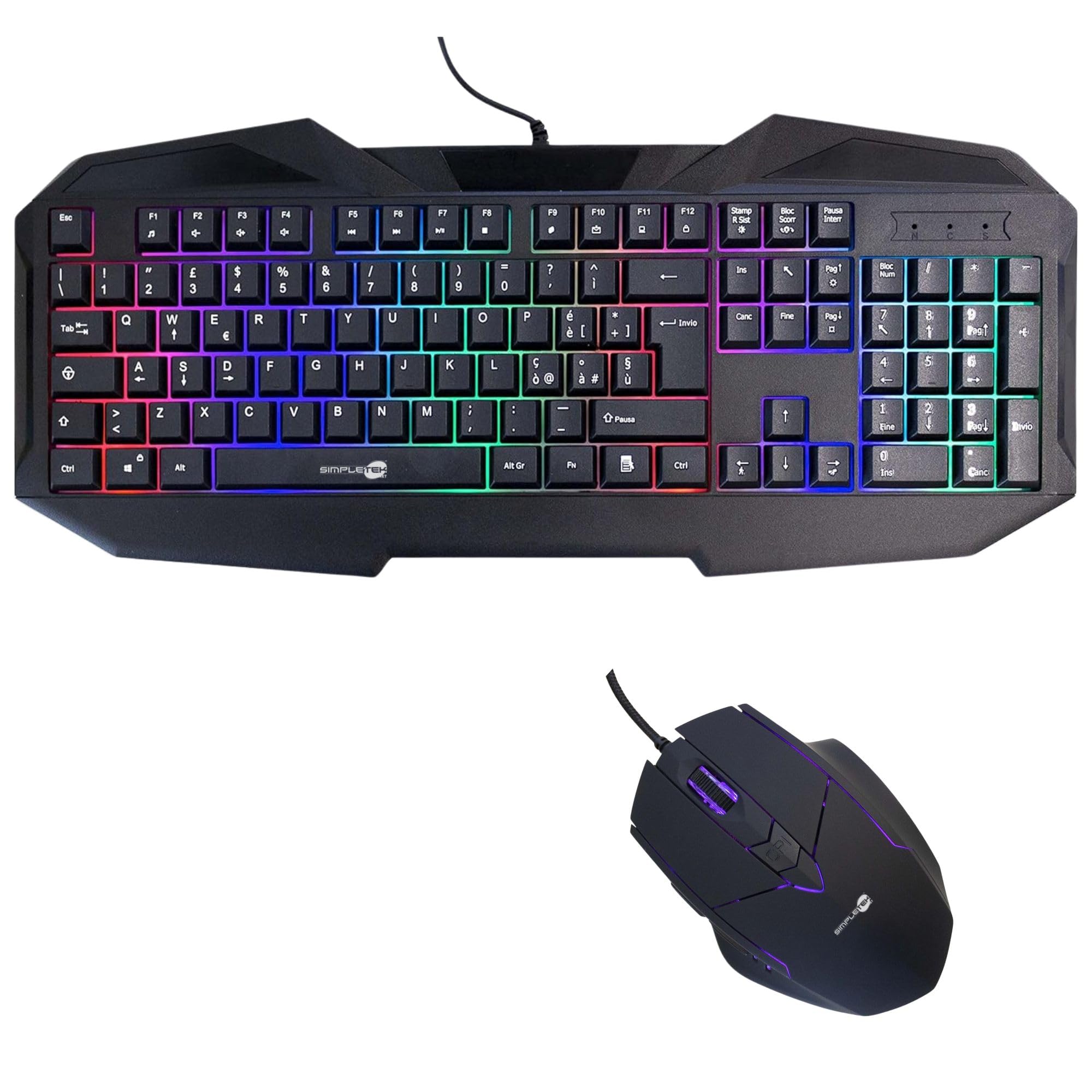 SIMPLETEK - Kit Gaming Mouse & Tastiera retroilluminati RGB | QWERTY Layout Italiano Anti-Ghosting | Mouse 7 Tasti Ergonomico 3200 DPI