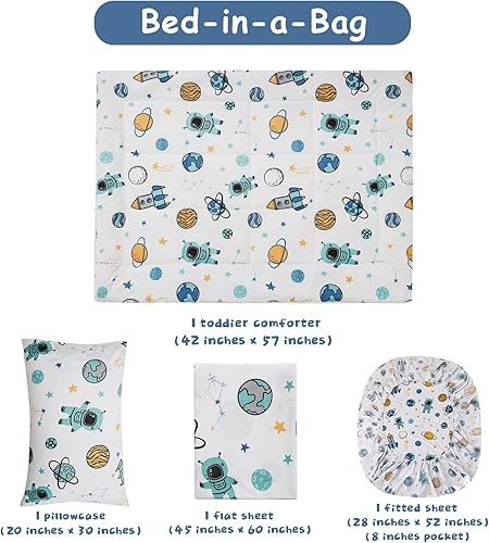 Miniatura 4 de JSD Astronaut - Juego de ropa de cama de 4 piezas para niños pequeños, juego de edredón de microfibra estampada para niños, incluye sábana encimera,