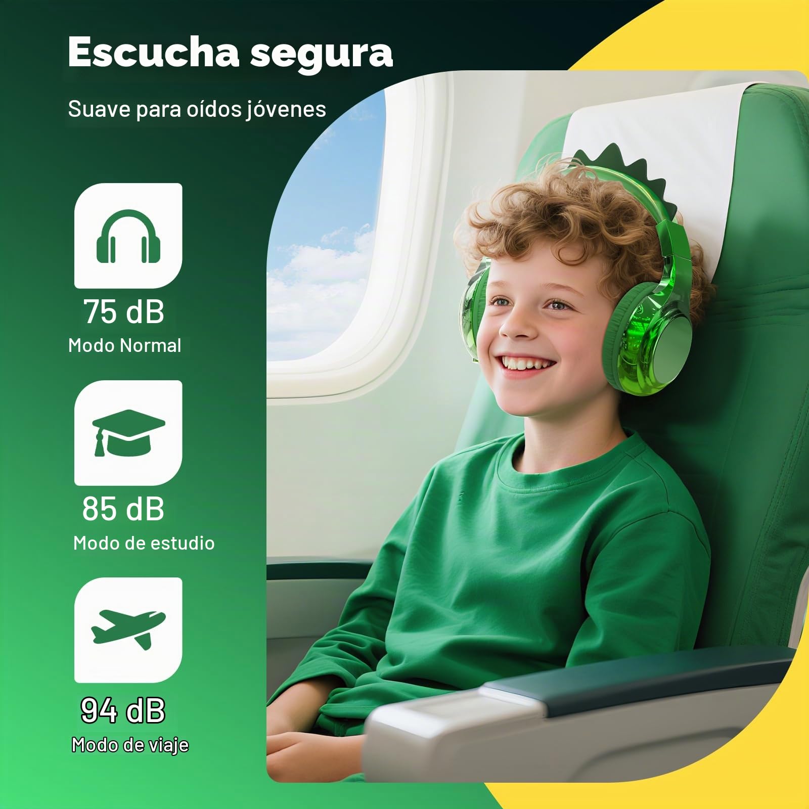 JYPS Auriculares Niños, Metálico Cascos Inalámbricos Bluetooth Niña, 40h Tiempo de Reproducción, 74/85/94dB Limitador Volumen, Bluetooth5.3, Auriculares Infantiles para iPad/Tablet (dinosaurio, verde)