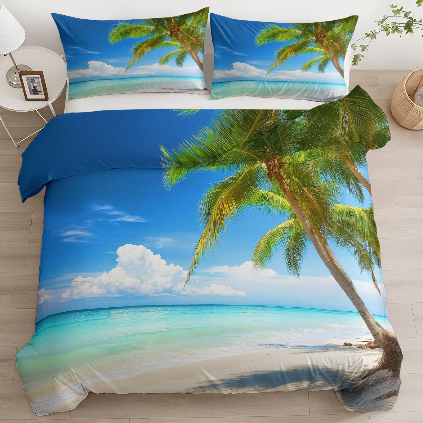 Generisch Bettwäsche Sets Dunkelblau Mikrofaser Mit Reißverschluss - 240 X 220 cm + 2 Kissenbezüge 80 X 80, Bettwäsche Tropischer Strand Mit Palmen, Bügelfrei & Knitterfrei Bettbezug