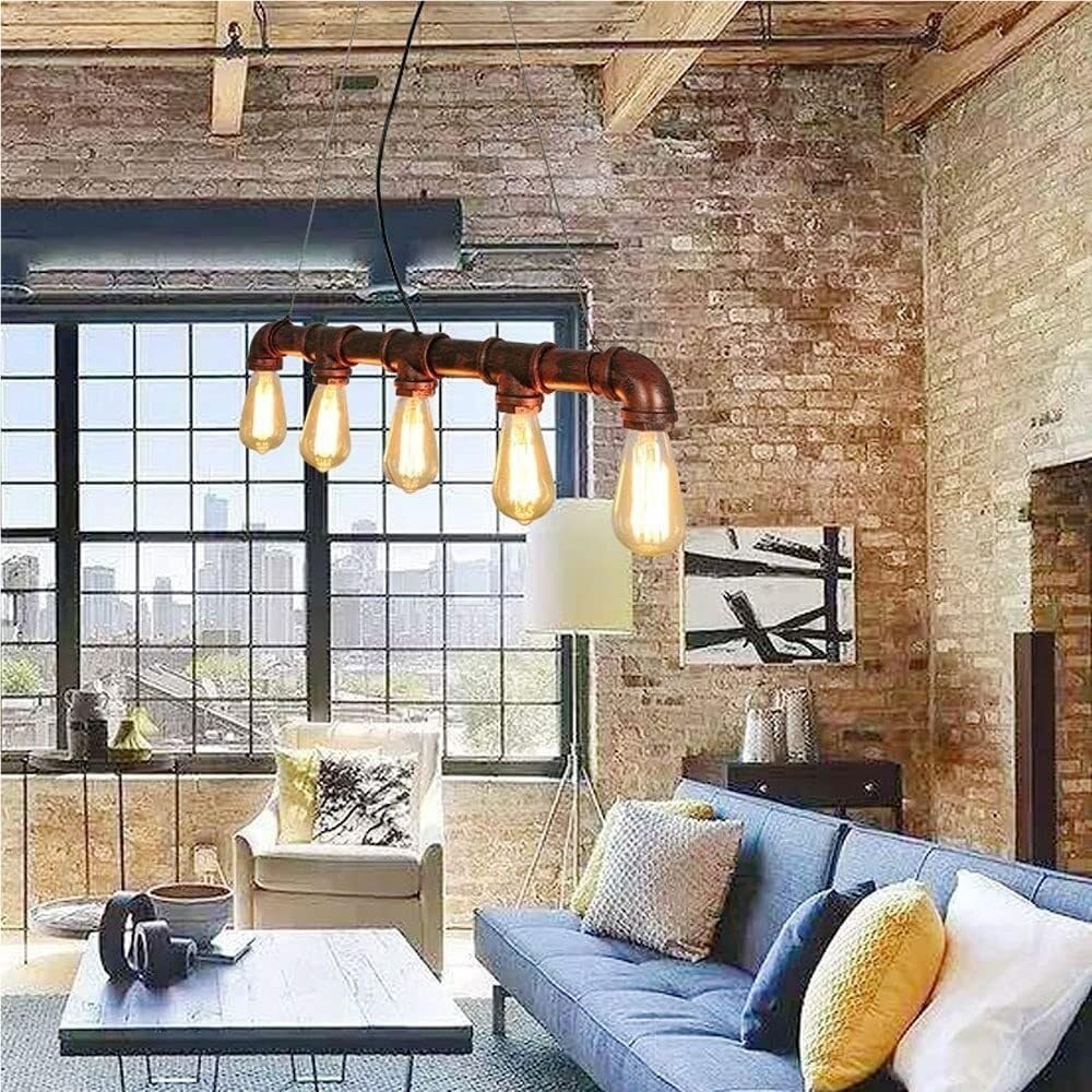 5 Light Industrial Chandelier, Vintage Water Pipe Pendant Lights Kitchen Island Mid Century Iron Pipework Hanging Lamps for Dining Room Bar