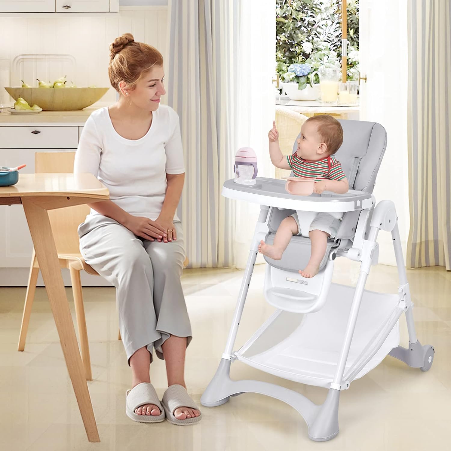 GOPLUS Trona Evolutiva Plegable Bebe para 6-36 Meses Hasta 15 kg, Silla Comer Portatil, 6 Niveles de Altura, 3 Ajustes de Reposapiés,5 Inclinaciones de Respaldo,Funda de PU, Cesta de Juguetes (Gris)