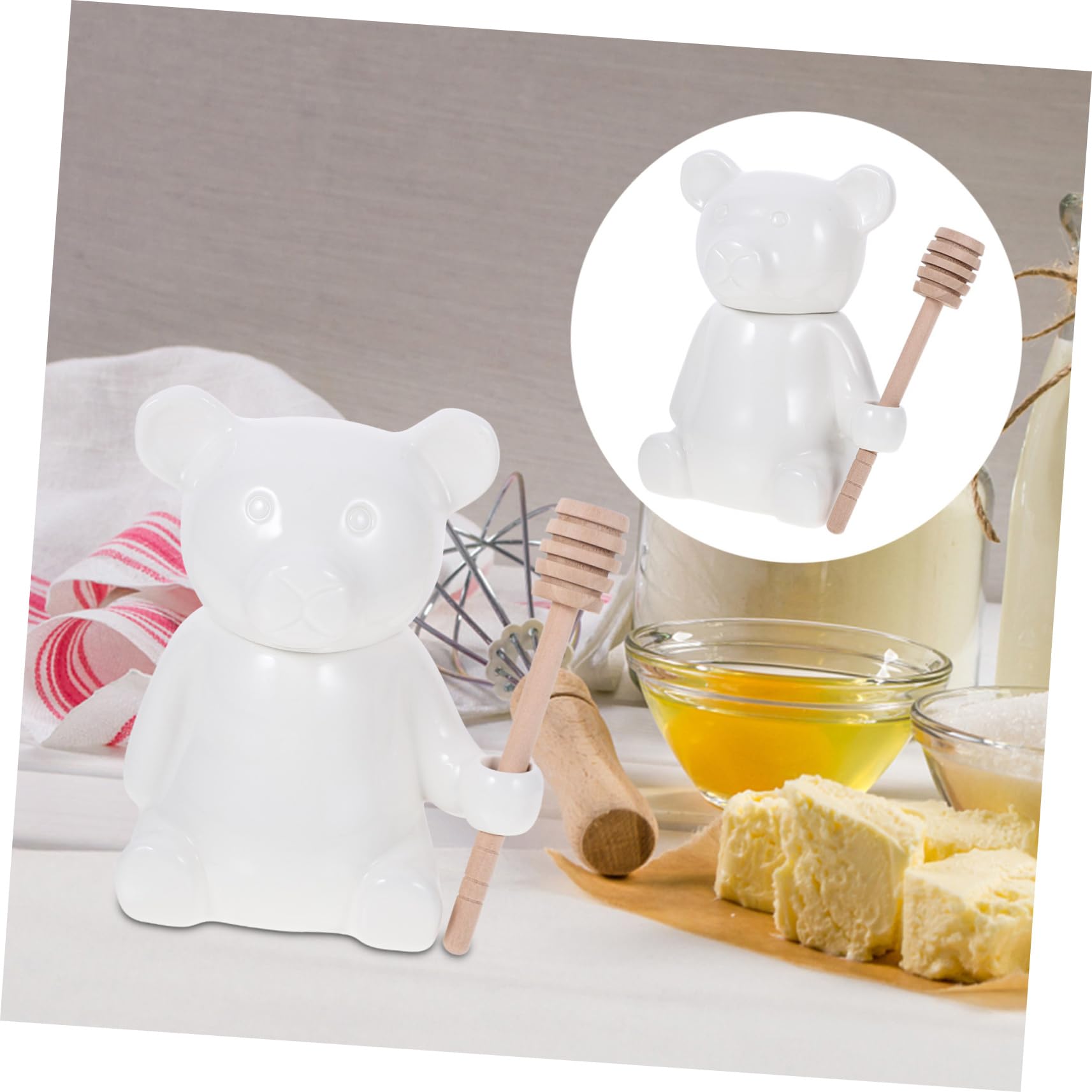 FUNOMOCYA 1 Set Cute Bear Shaped Ceramic Honey Storage Jar with Dipper Stick Compact Kitchen Storage for Honey Jam Snacks and More present for Friends and Family