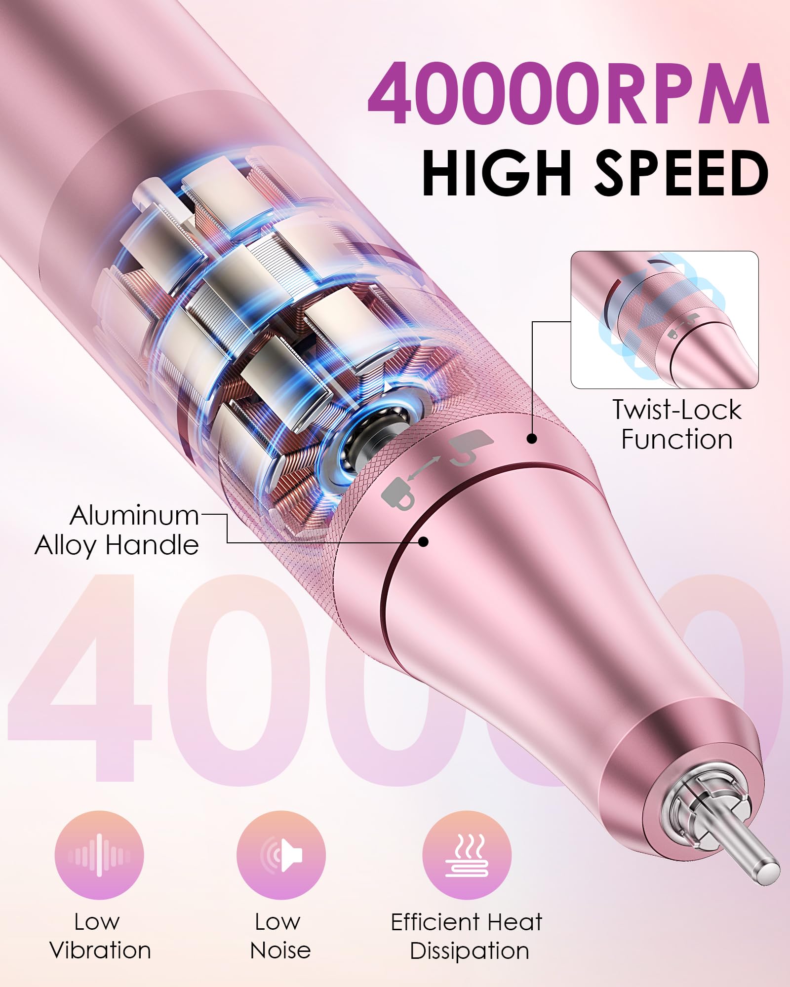 Heypappy Fresa per Unghie, Fresa per Unghie Elettrica Ricaricabile 40000 RPM