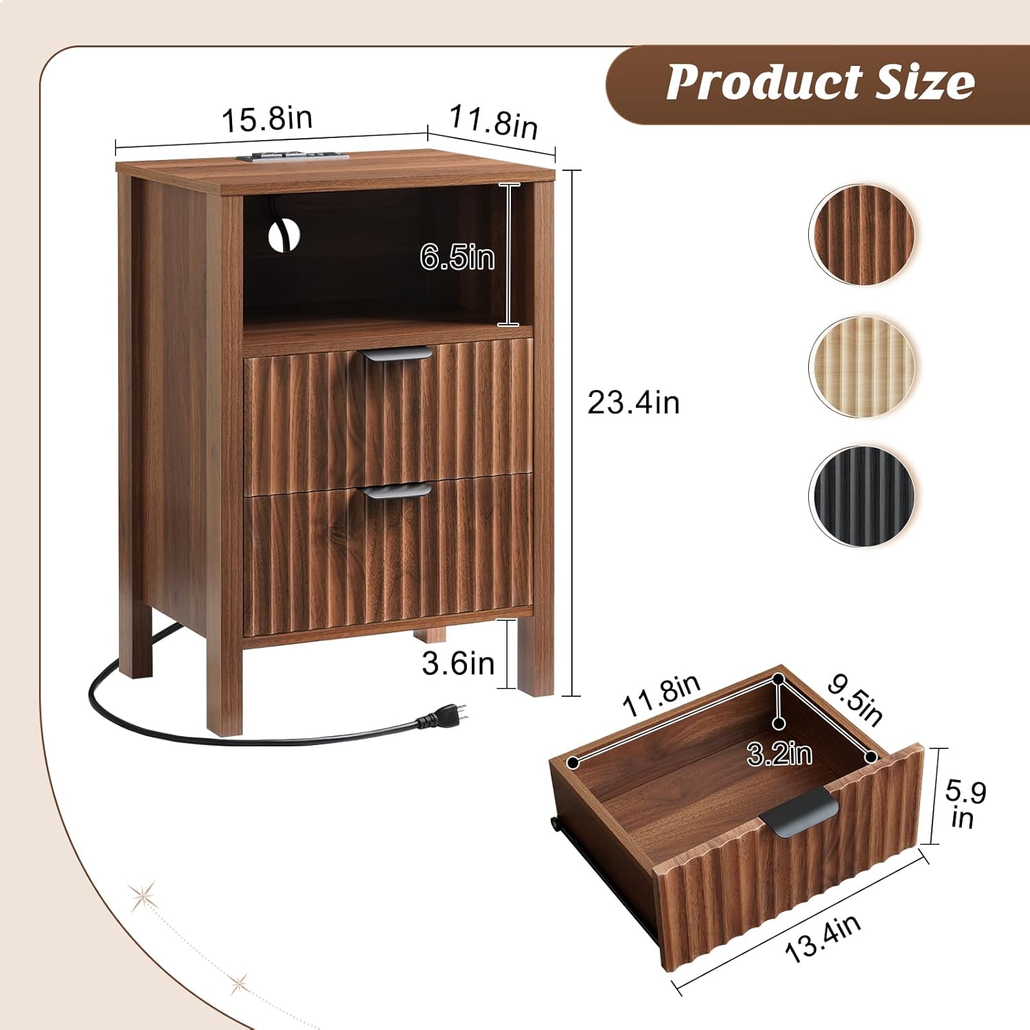 Nasonet Night Stand Set 2, Fluted End Table Set of 2, Modern Nightstand with Charging Station, Wood Bedside Table with Storage Drawer for Bedroom, Walnut