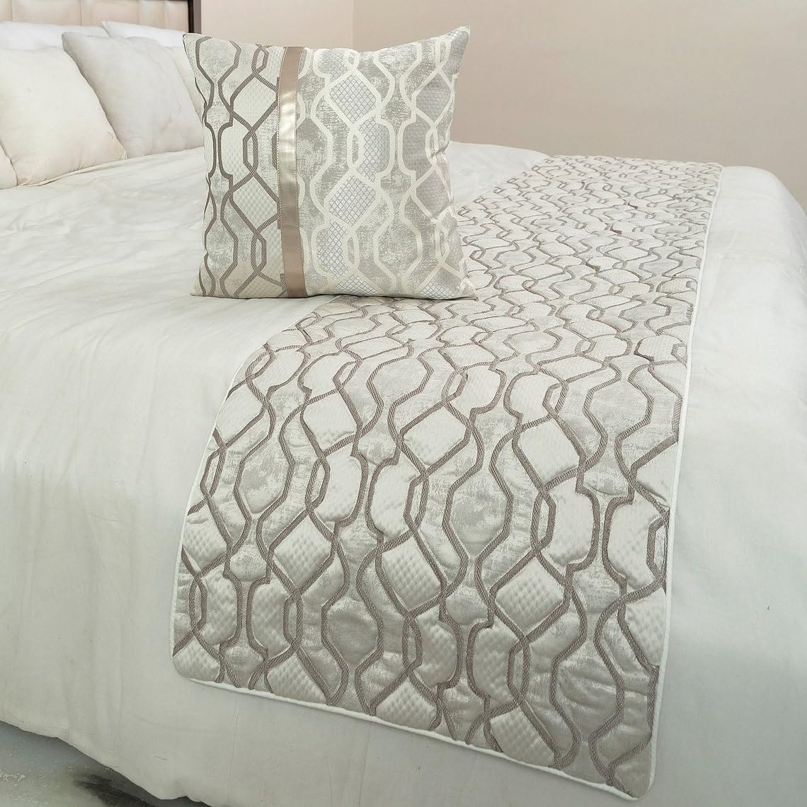 The HomeCentric King/Queen/Twin Ivory & Silver Decorative CA King 86"x18" Bed Runner with Pillow Cover, Lattice & Quilted Bed Scarf on Jacquard Silk Fabric - Ivory Delicacy