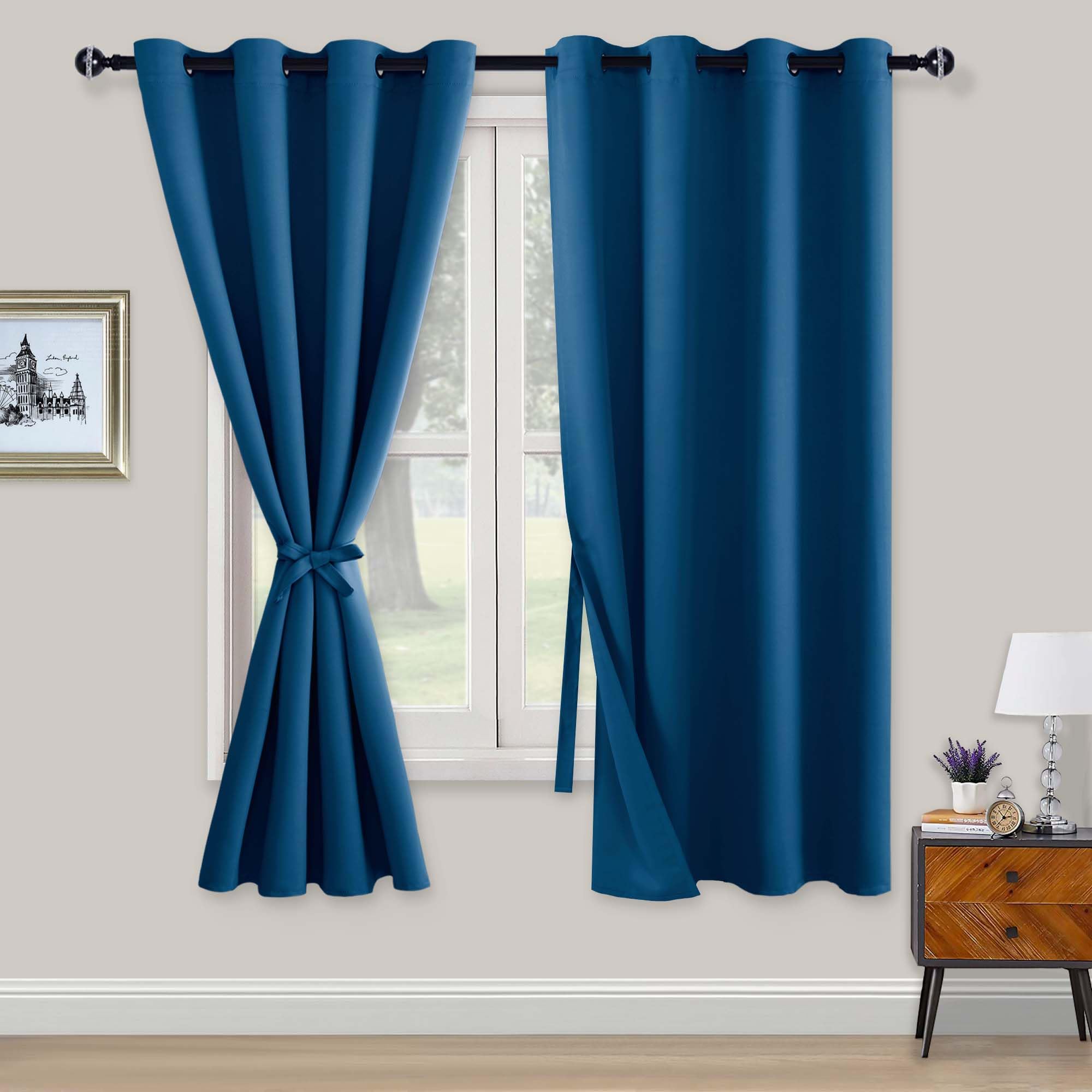 XWZO Blackout Curtains Shades Window Curtain Panels with Tiebacks- Noise Reduction and Thermal Insulated Eyelet Curtains for Bedroom,Living Room,Office,Study Room Blue W52xL63