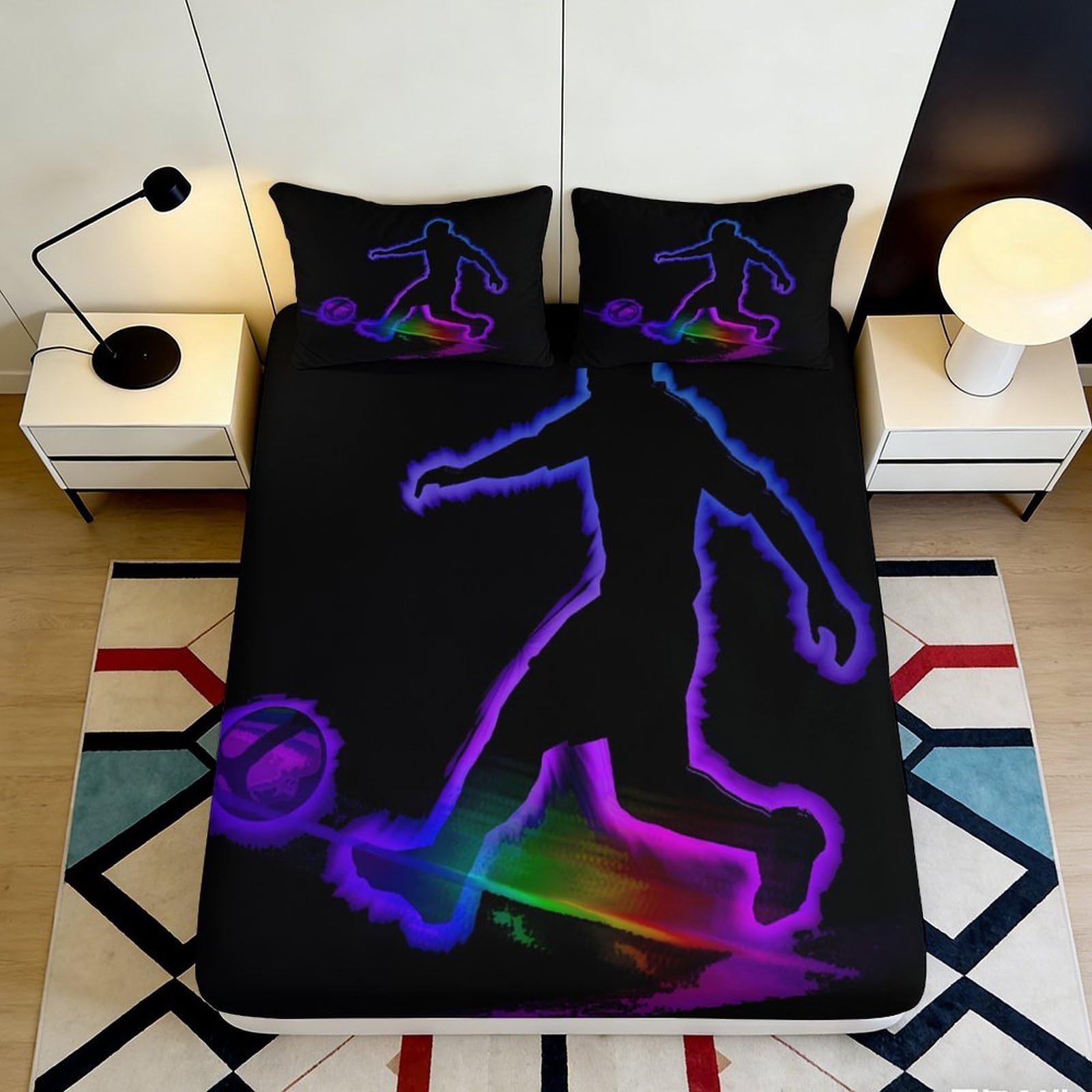 3D Printed Neon Football Fitted Sheet Microfiber Black Bedding with Glowing Soccer Silhouette Mattress Cover for Bedroom Decor 200x200x25cm