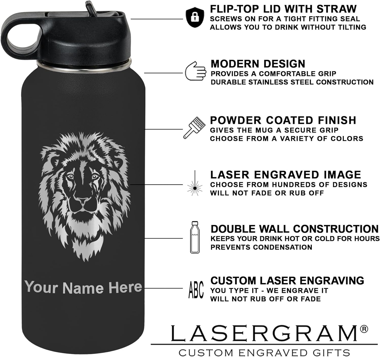 LaserGram Personalized Water Bottle, Celtic Cross, Stainless Steel Double Wall Vacuum Insulated with Flip Top Straw, Custom Engraved Gift (32oz / 950ml Black)