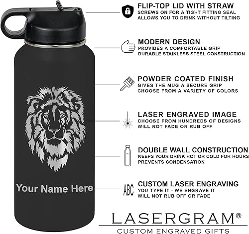 Miniatura 3 de LaserGram Botella de agua personalizada, pelota de baloncesto, acero inoxidable de doble pared aislada al vacío con popote superior, regalo grabado