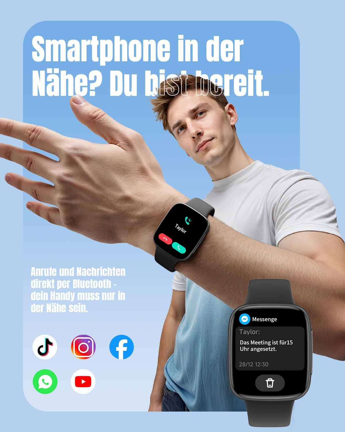 antfit Smartwatch Donna Uomo, Schermo AMOLED Ultra Nitido, Impermeabile 3ATM, Chiamate in Entrata/Uscita, Orologio Fitness con Cardiofrequenzimetro/Sonno/100 Sport, Compatibile con Android/iOS