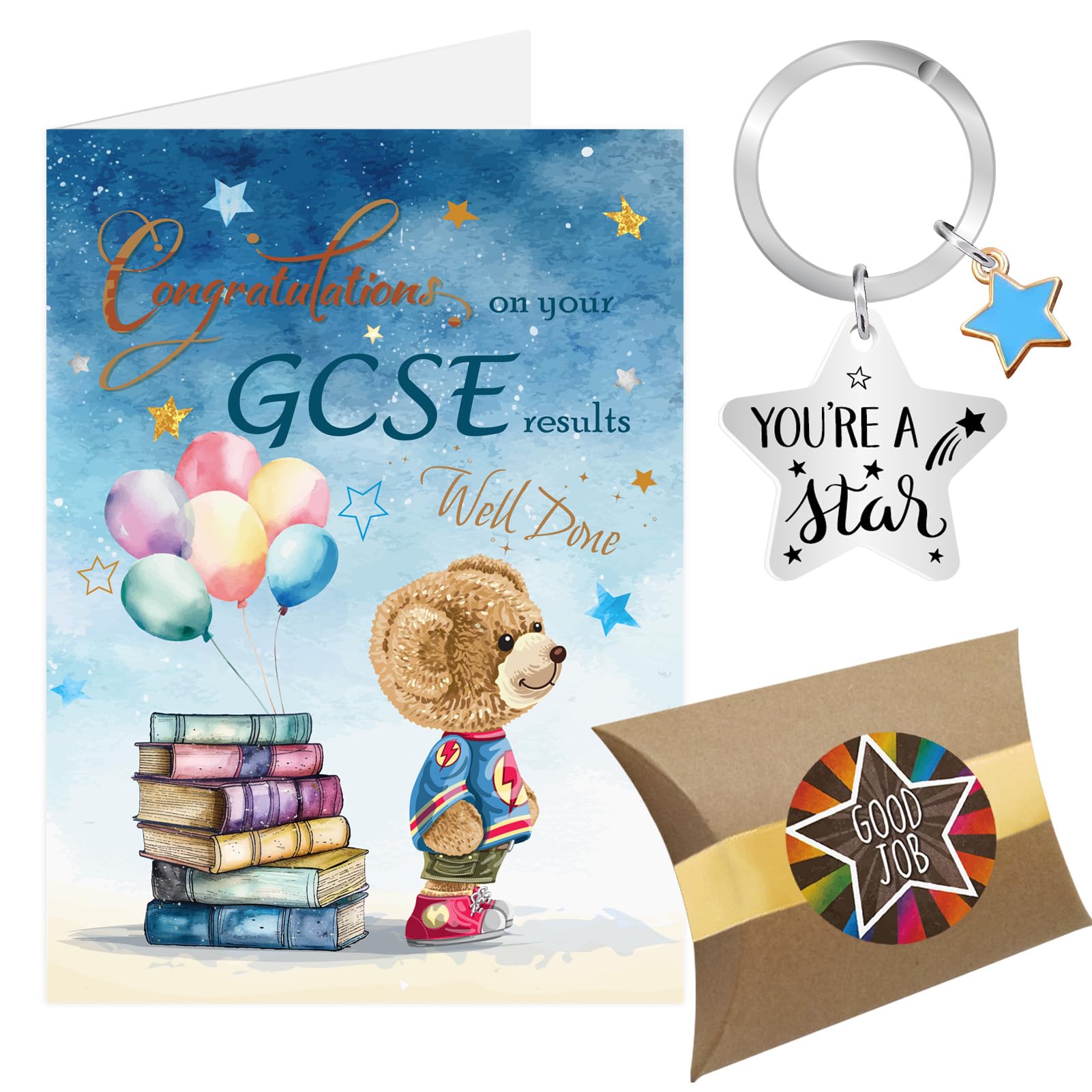 GCSE Exam Congratulations Card, Blue Star Congratulations on Your Exam Results Gifts Keyring, Well Done So Proud of You Passing Passed Exams Card (Blue - GCSE)