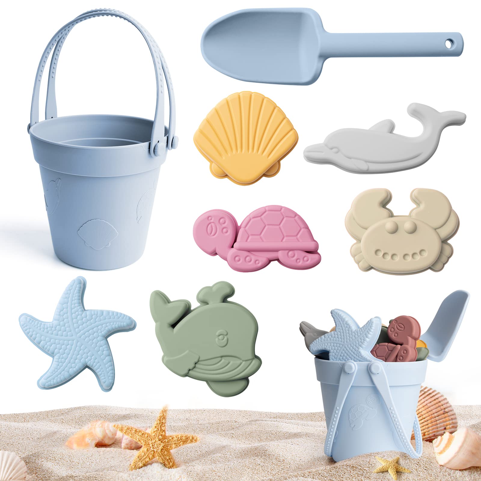 Shougege Silicone Beach Sand Toys with Sand Bucket Shovel, and Sand Molds for Baby Sandbox Toys, Toddlers Kids 3-10