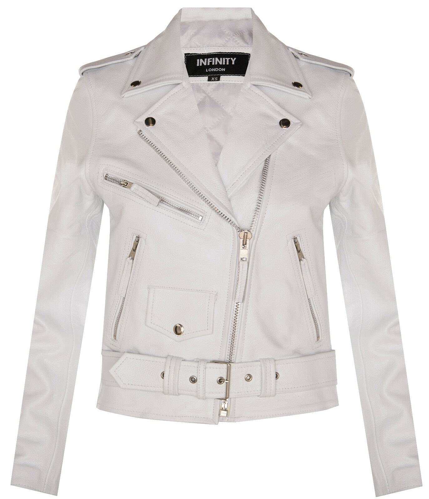 Women's Classic White Brando Real Cow Hide Leather Biker Motorcycle Jacket 4XL