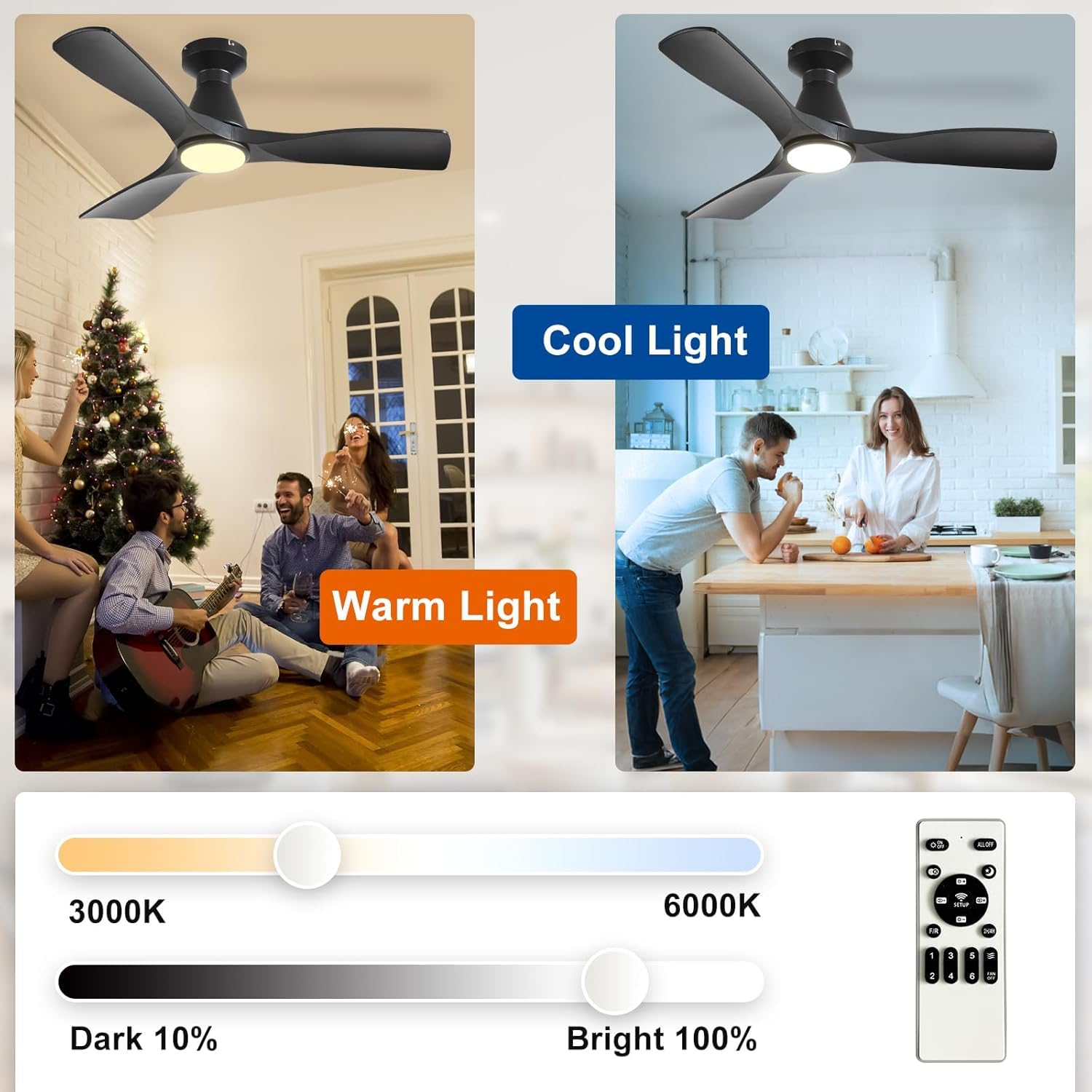 Depuley Ventiladores de techo de 42 pulgadas con luz: Ventilador de techo de perfil bajo con 3 aspas, para empotrar en la cocina - Ventilador para interior y exterior con mando a distancia,Negro
