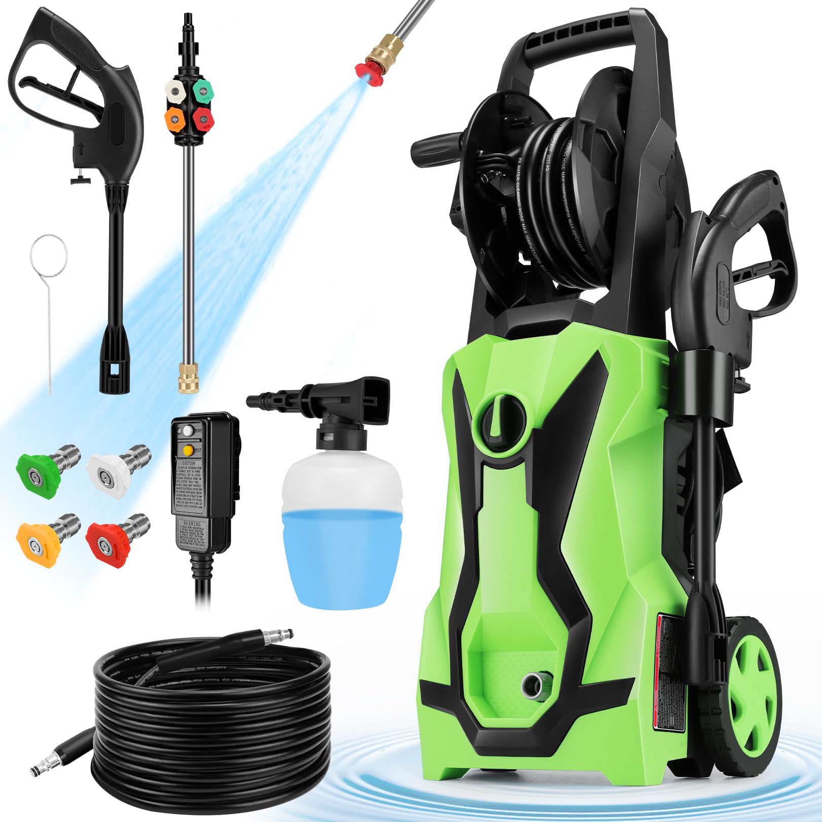 TEANDE Electric Pressure Washer, 1.8GPM Electric Pressure Washer, 1700W Power Washer Electirc Powered with 4 Nozzles & 500ML Foam Canon & 20FT Hose for Home Car Yard Garden Fence, Green with Hose Reel