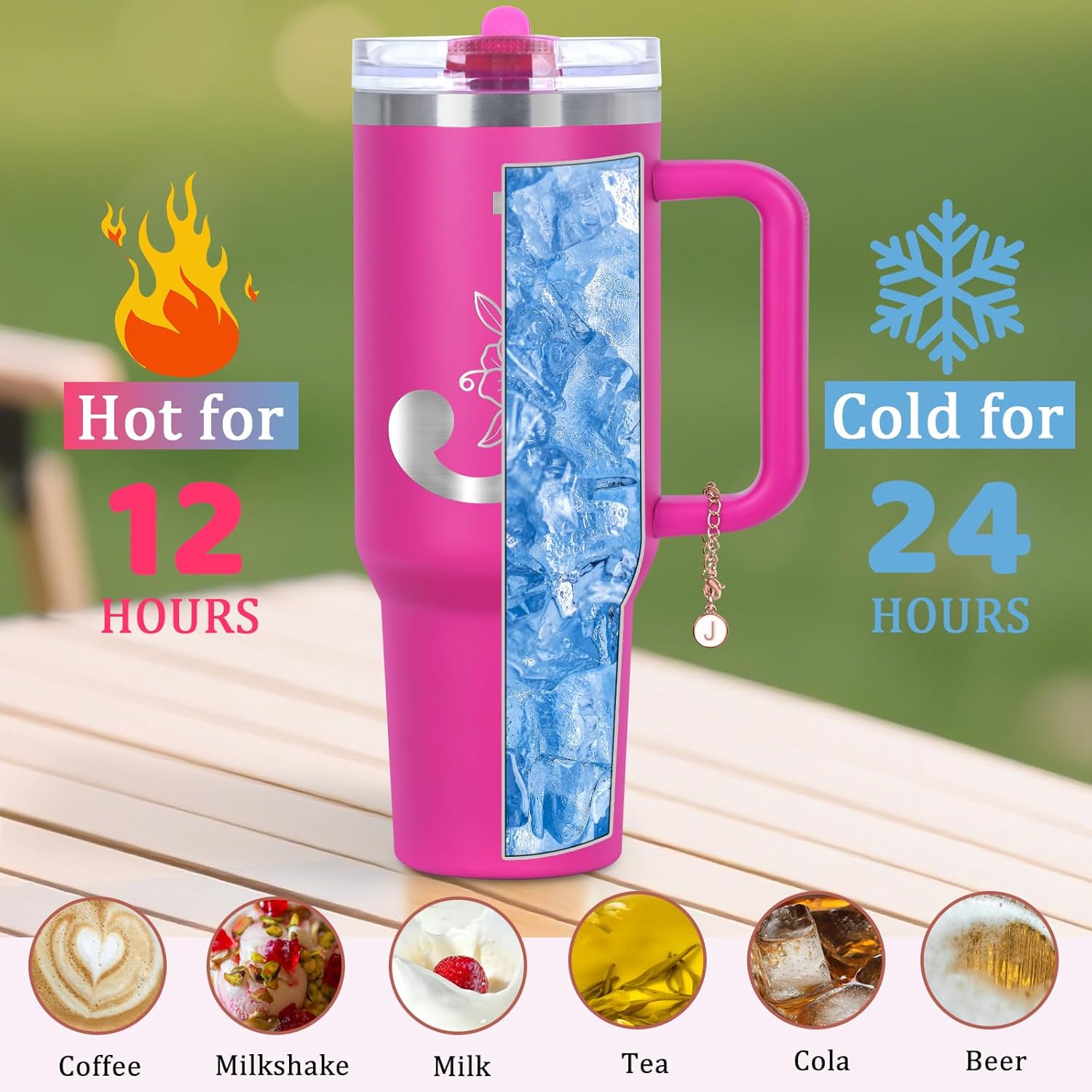 Personalized 40 oz Monogrammed Tumbler with Handle & Flip Straw, 100% Leak Proof stainless steel Insulated Tumbler, Customized Initial Funny Gifts for Women Mom Sisters Coworker, J - Image 4