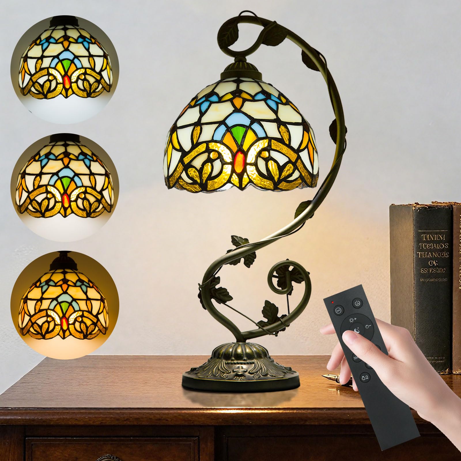 SIMILAR TO..Tiffany Stained Glass Lamp with Remote Control, Stepless Dimming & 3 Color Temperature Adjustment, 8 Inch Metal Leaf Base Included LED Bulb for Bedroom Living Room (Yellow Baroque)