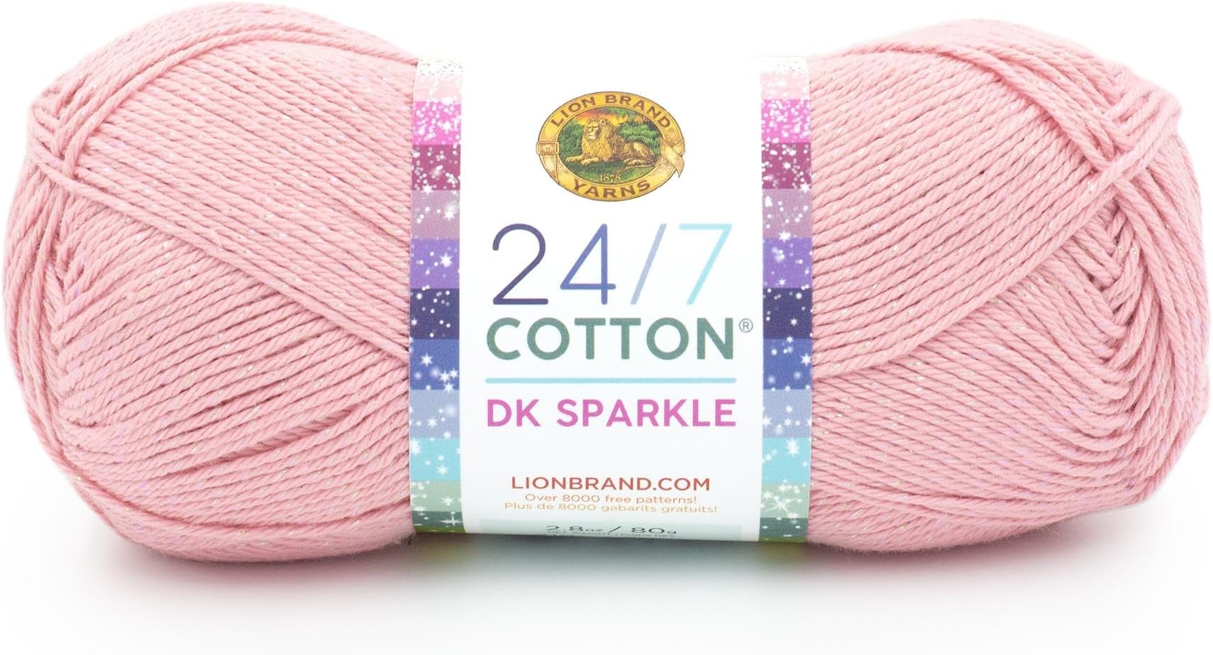 Lion Brand Yarn 24/7 Cotton DK Sparkle, Lightweight Yarn for Knitting, Crocheting, and Crafts, Pink Diamond, 1 Pack, Cotton Fiber with Metallic Poly Sparkle