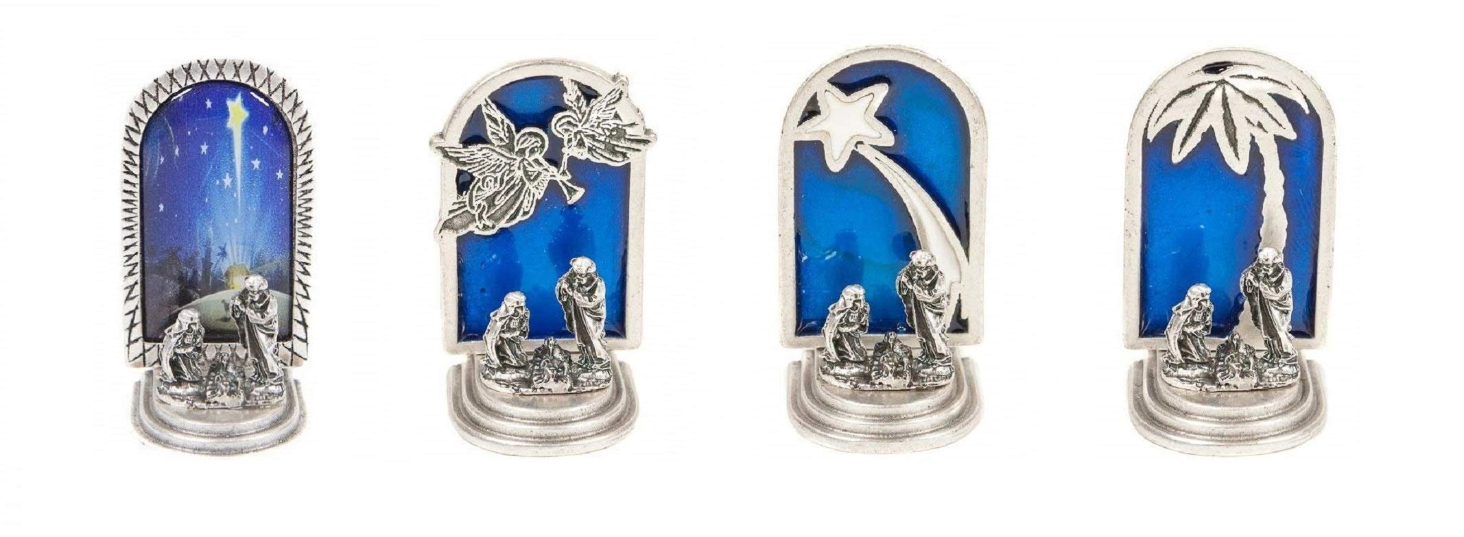Eurofusioni Crèche de noël Originale Complete - Miniatures à Collectionner en Argent plaqué - Set 4 Nativité: Anges, Ètoile Comète, Palmier, Image - Décoration de Noël