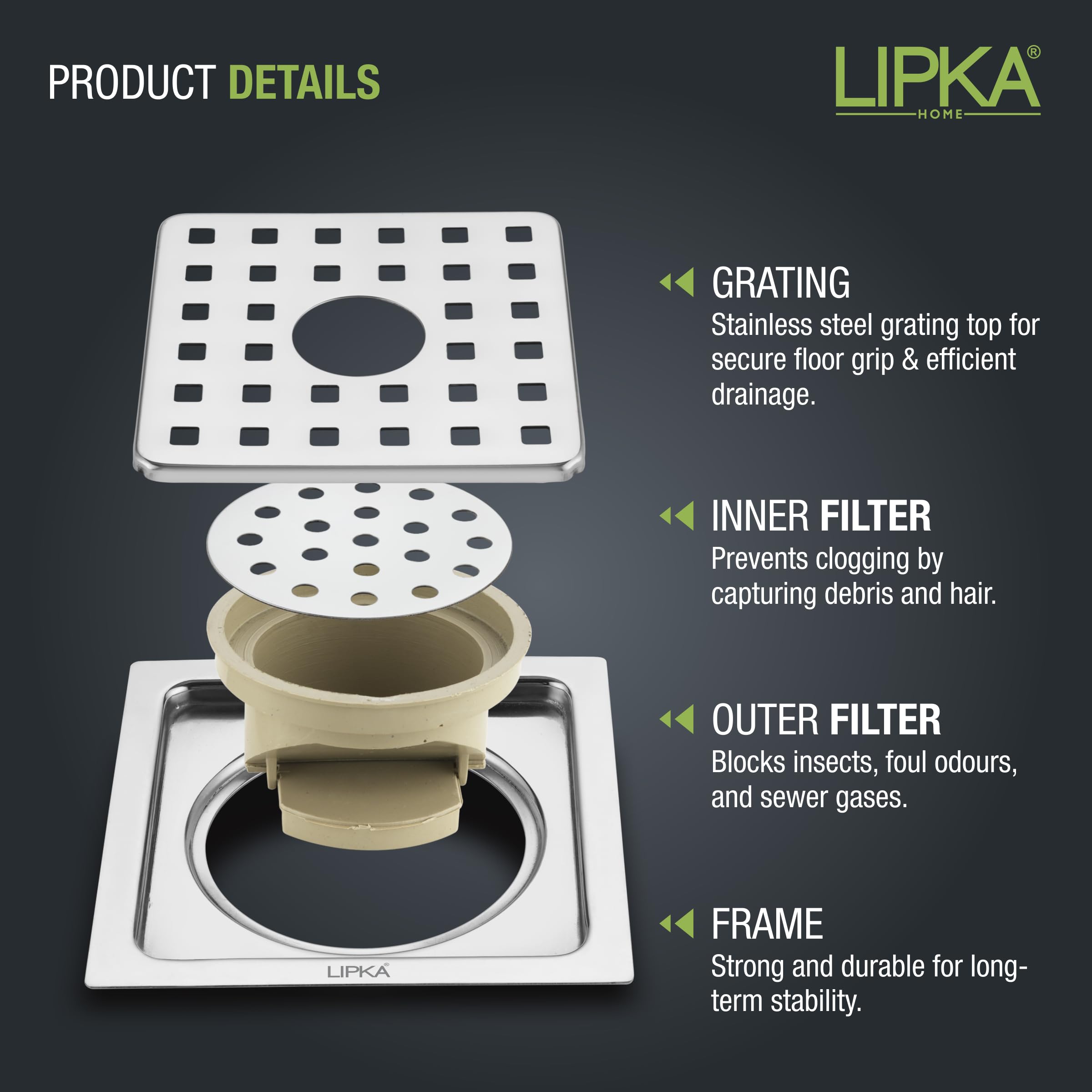LIPKA 5x5 Inch Square Floor Drain with Hole & Cockroach Trap | 304-Grade Stainless Steel | Heavy Duty Bathroom Drain Cover | PVC Trap | Anti-Odor & Insect-Proof Jali for Kitchen, Shower, Balcony 2