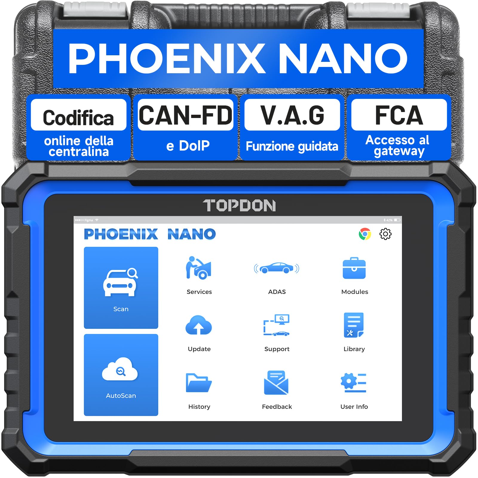TOPDON Dispositivo diagnostico Auto Phoenix Nano, OBD2 Dispositivo diagnostico per tutti i veicoli, codifica unità di controllo, tutte le diagnosi di sistema, controllo bidirezionale, 32+ Reset