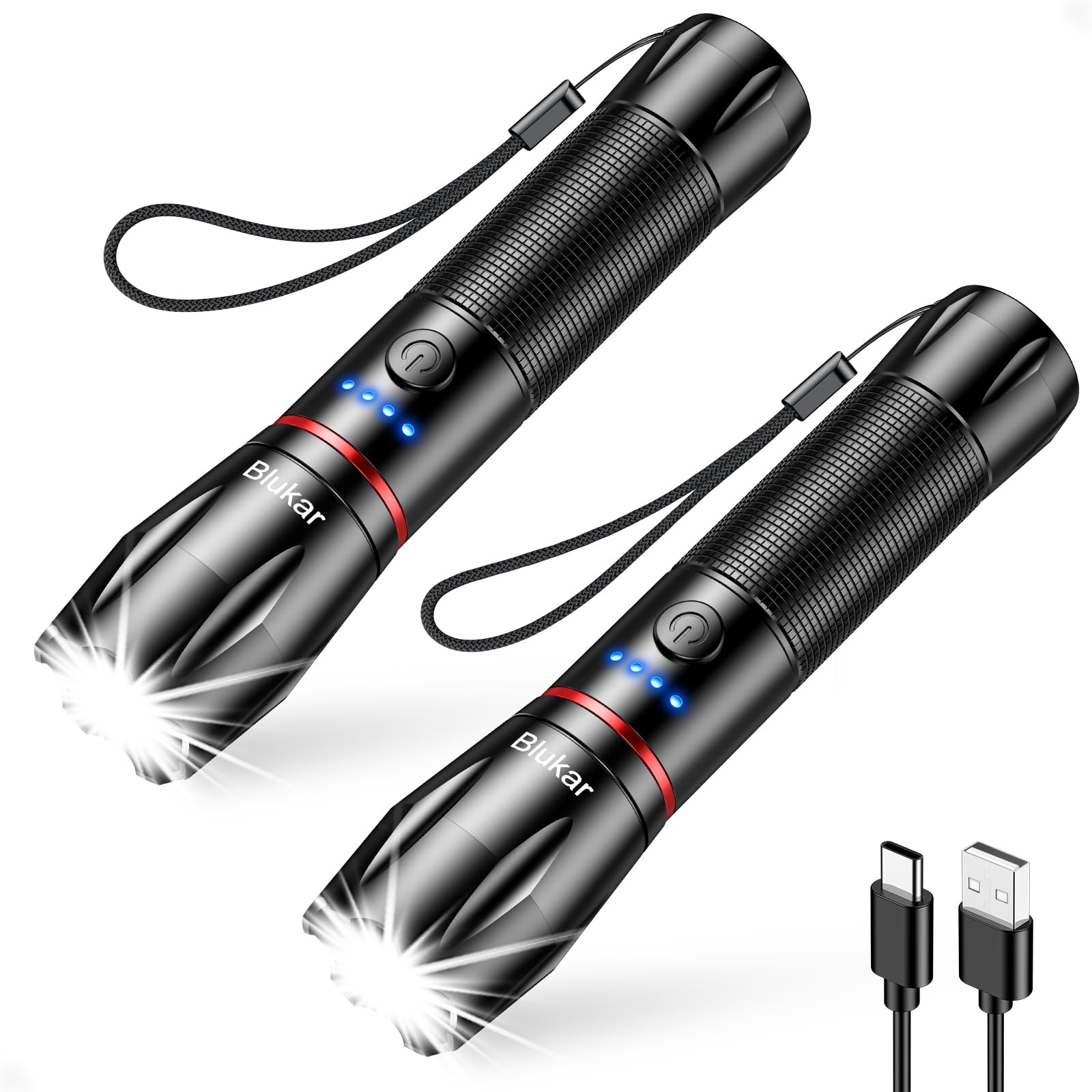 Blukar Torcia LED Ricaricabile, 2 Pezzi Super Luminoso Zoomabile Torcia Potente, 5 Modalità di Illuminazione, IPX6 Impermeabile per Campeggio/Escursionismo/Emergenza/Interruzione di Corrente