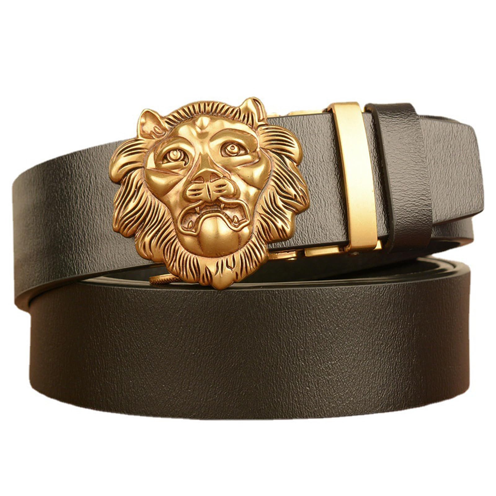 NALANY Leather Ratchet Belt Men -Golden 3D Lion Tiger Head  display picture 2