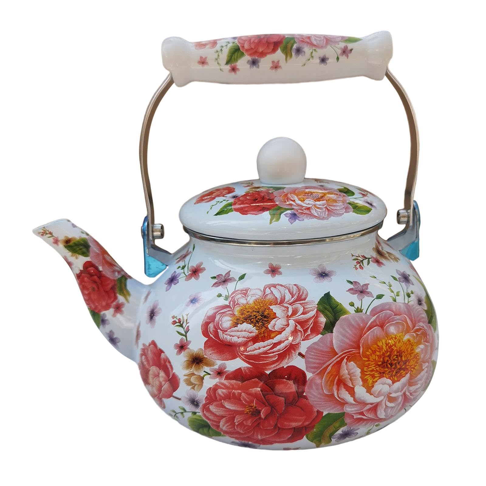 Induktions-Wasserkocher 2,5 L Retro-Emaille-Teekanne, Flötenkessel mit emailliertem Griff, Automatisch pfeifender Teekessel Kaffeekanne für Induktion, Gasherd, Elektroherd, stil a