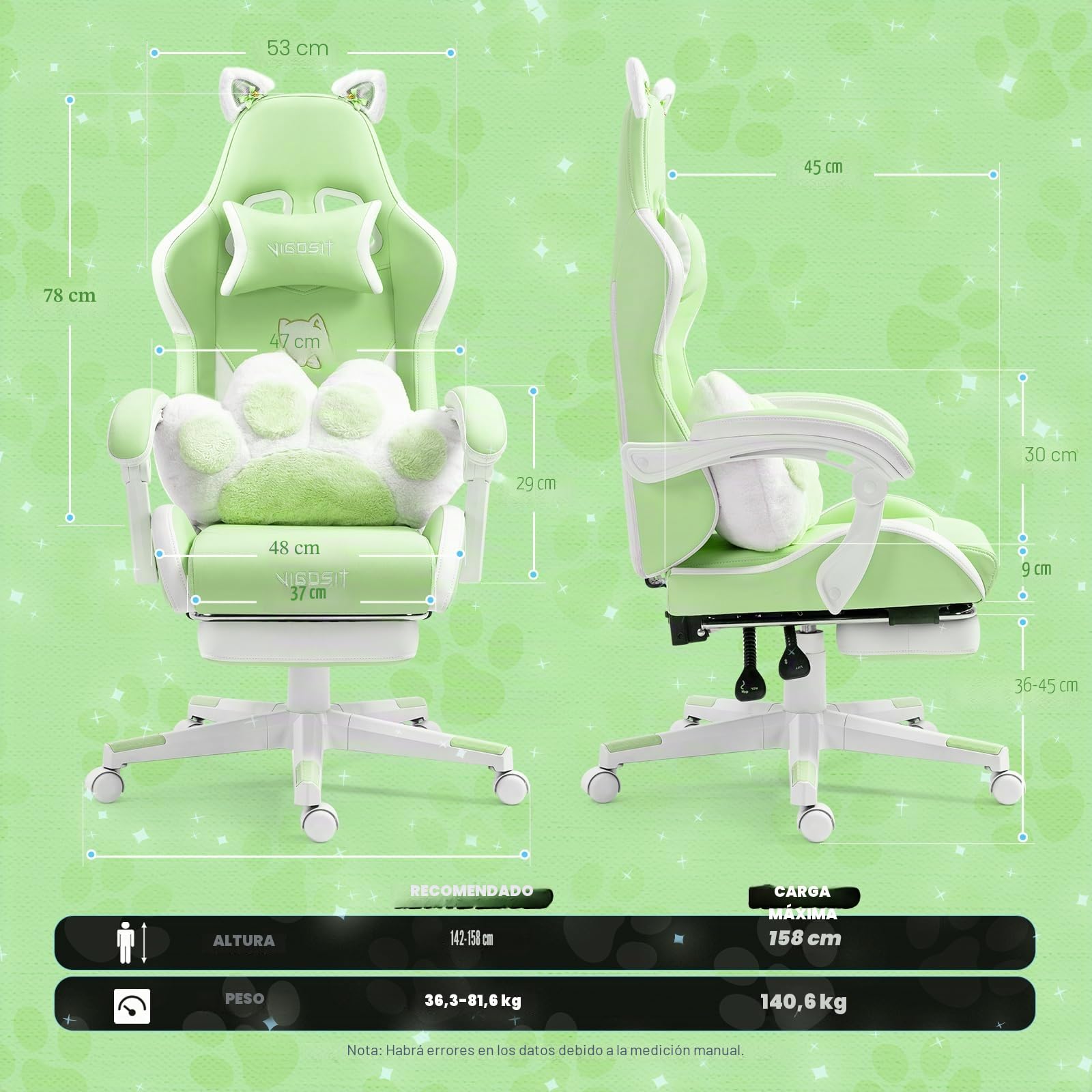 Vigosit Silla de juegos linda con cojín lumbar de pata de gato y orejas de gato, silla de juegos ergonómica con reposapiés, sillón de PC ajustable para niñas, adolescentes, niños, verde