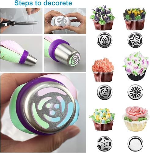 Miniatura 3 de Juego de 27 puntas de tubería rusas, puntas de glaseado de flores para decoración de pasteles, 12 puntas de glaseado rusas, puntas de ribetes de 2